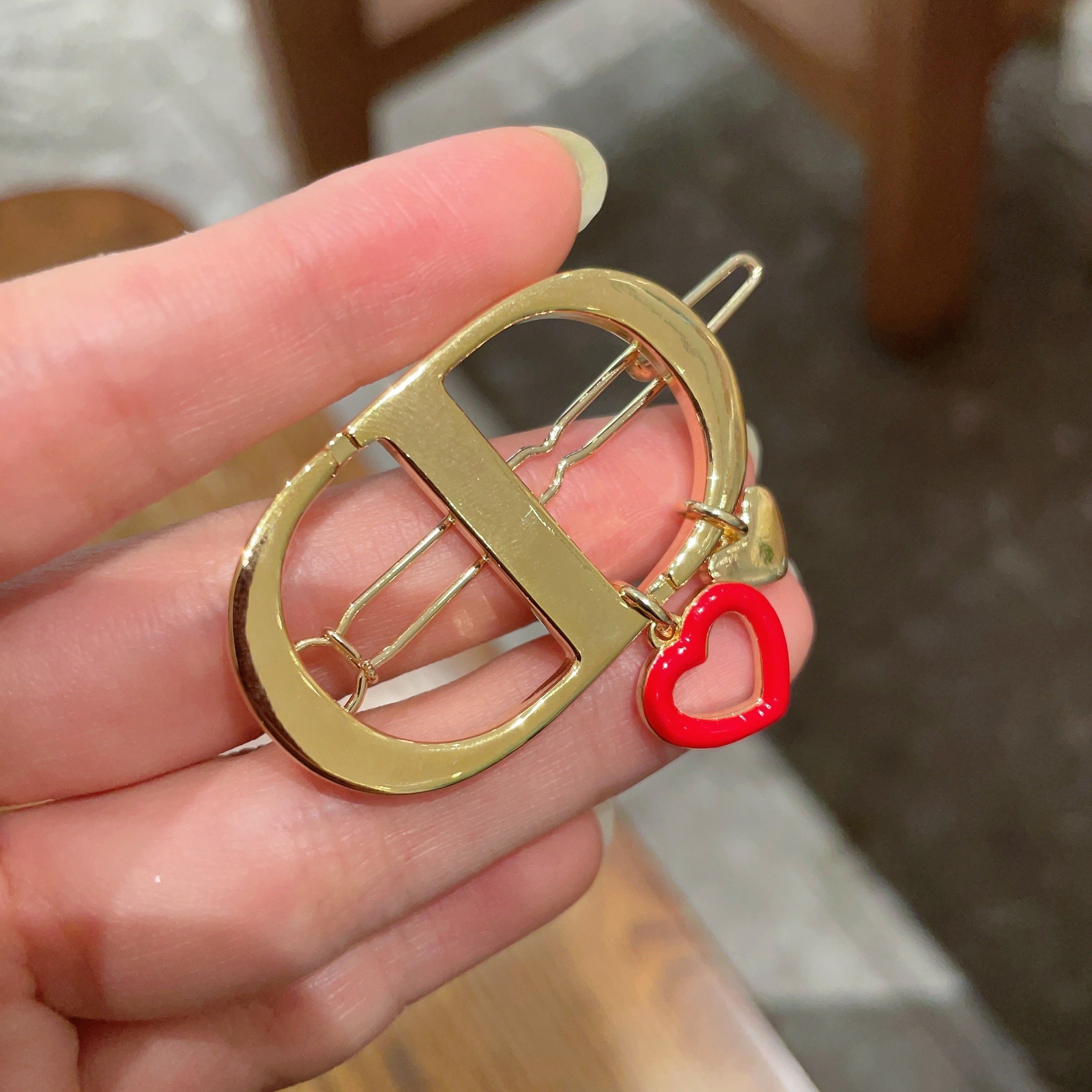 Dior CD Logo Heart Charm Hair Clip brooch gold-tone metal with red enamel heart charm 3 5cm