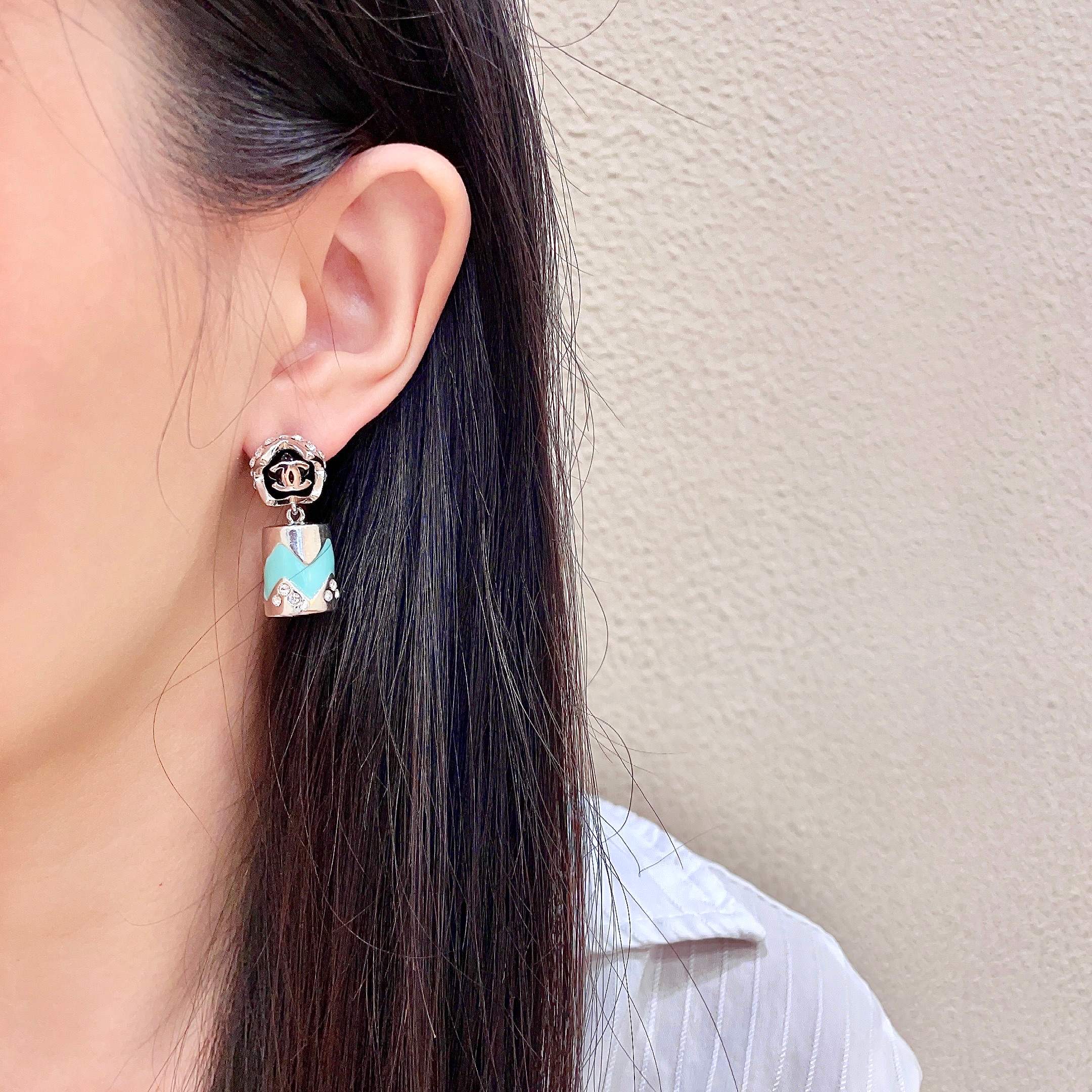 Chanel CC Logo Chevron Drop Earrings earrings Silver-tone metal with black enamel turquoise enamel and clear crystal accents 2 5cm drop length