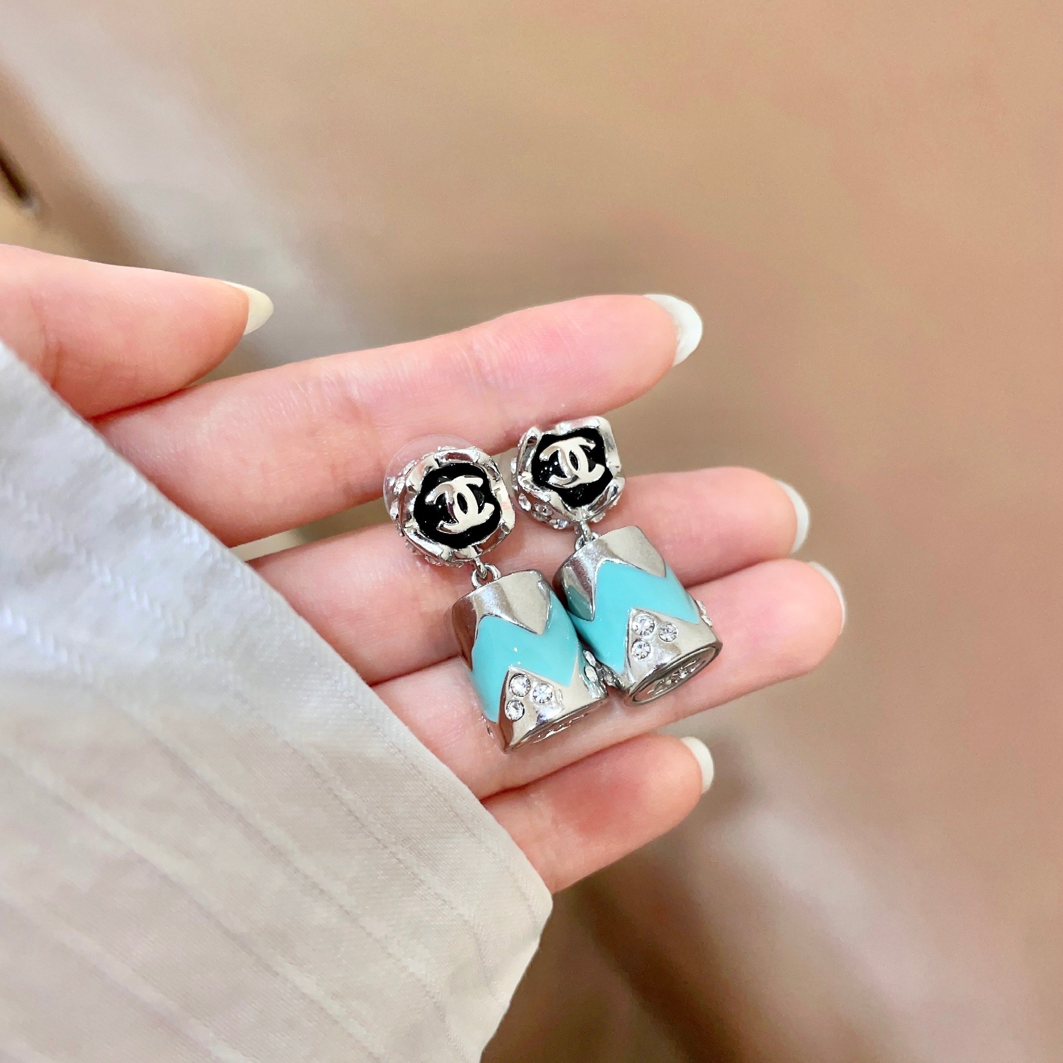 Chanel CC Logo Chevron Drop Earrings earrings Silver-tone metal with black enamel turquoise enamel and clear crystal accents 2 5cm drop length