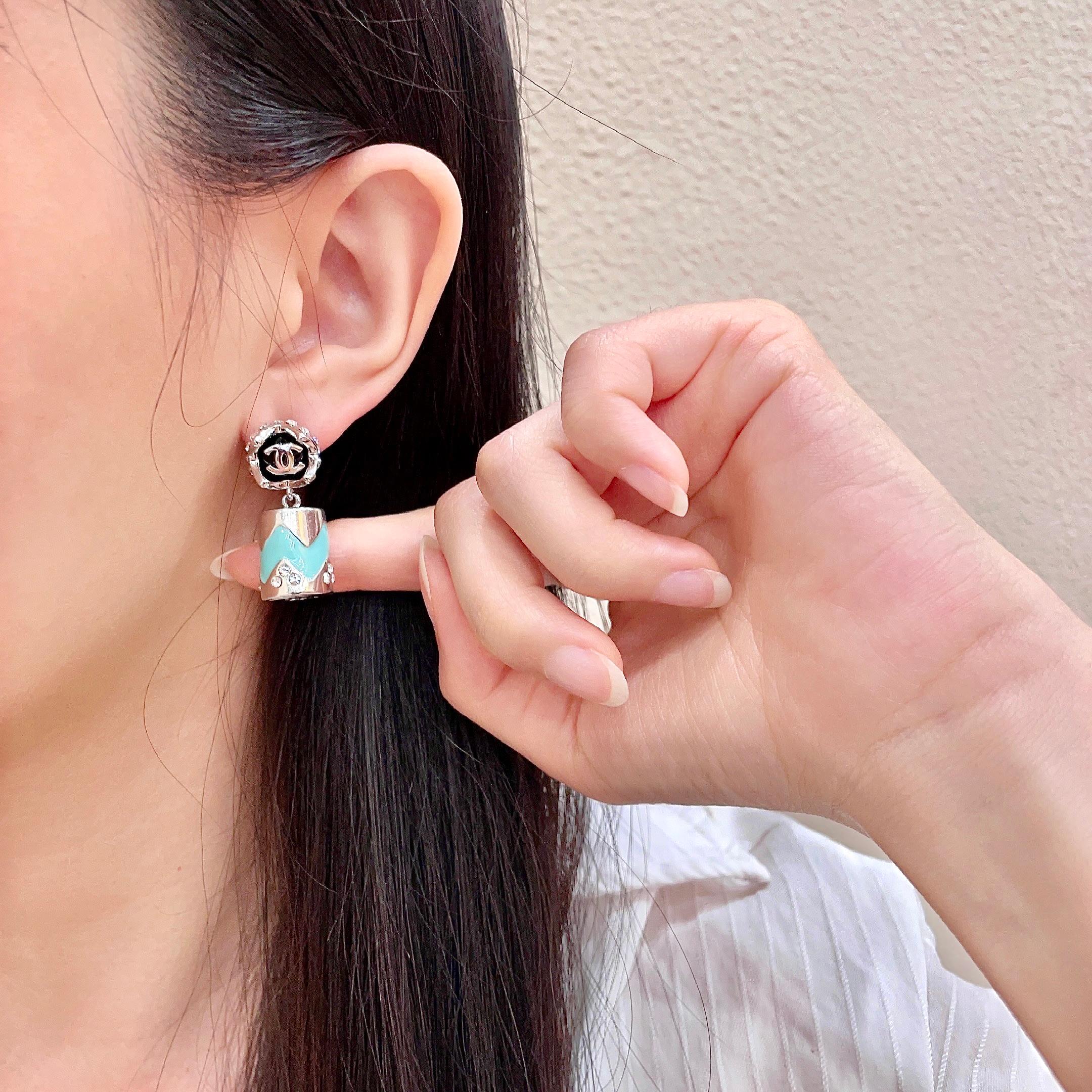 Chanel CC Logo Chevron Drop Earrings earrings Silver-tone metal with black enamel turquoise enamel and clear crystal accents 2 5cm drop length