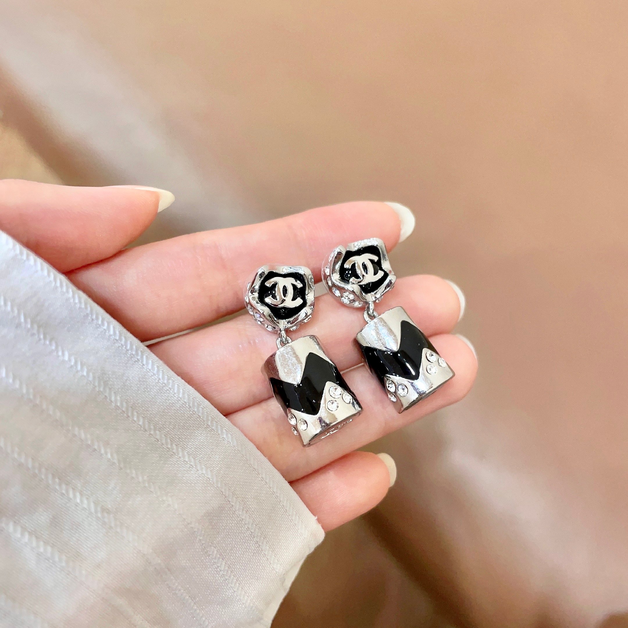 Chanel CC Logo Chevron Drop Earrings earrings Silver-tone metal with black enamel and clear crystal accents 2 5cm drop length