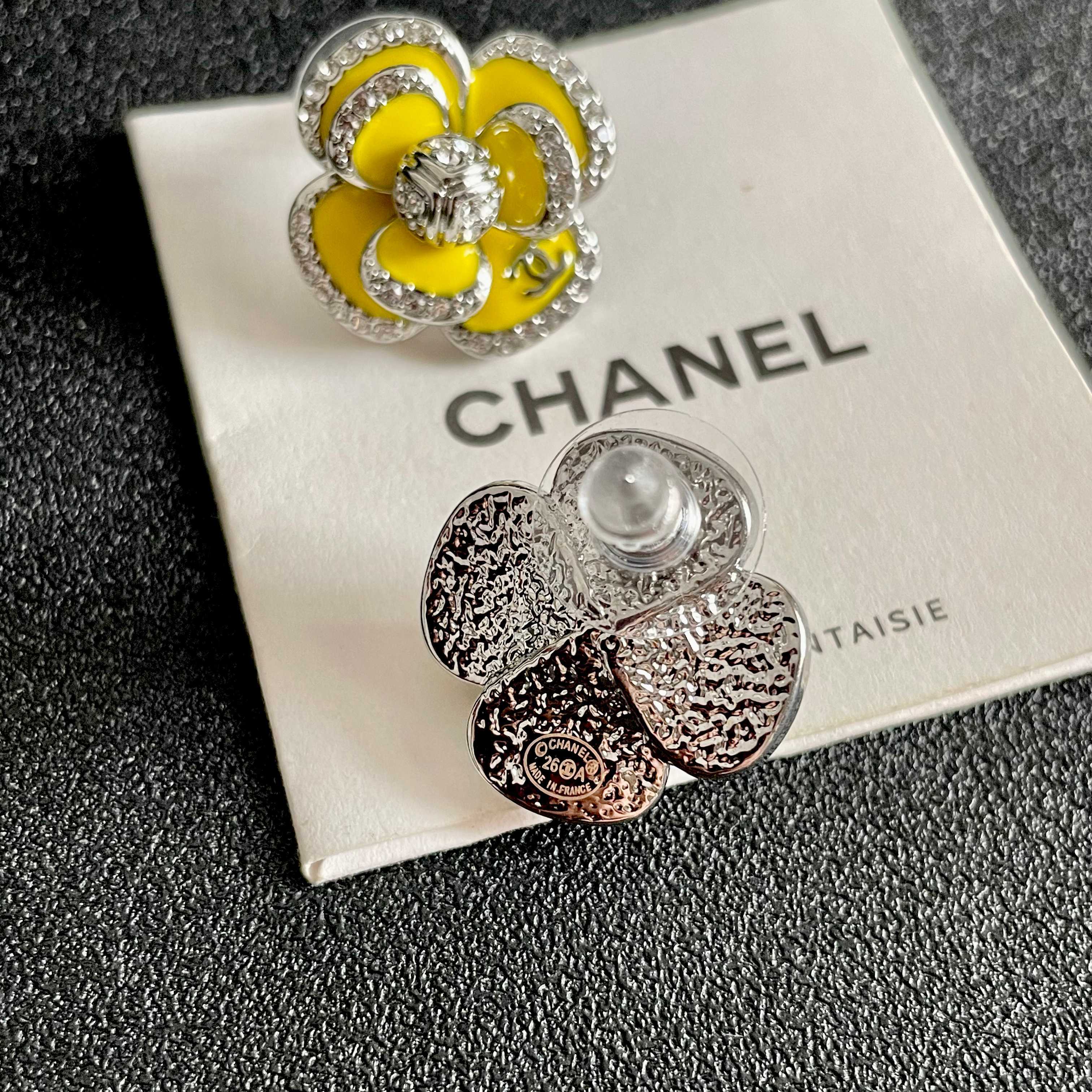 Chanel Camelia earrings silver tone metal bright yellow enamel clear crystal 2cm diameter