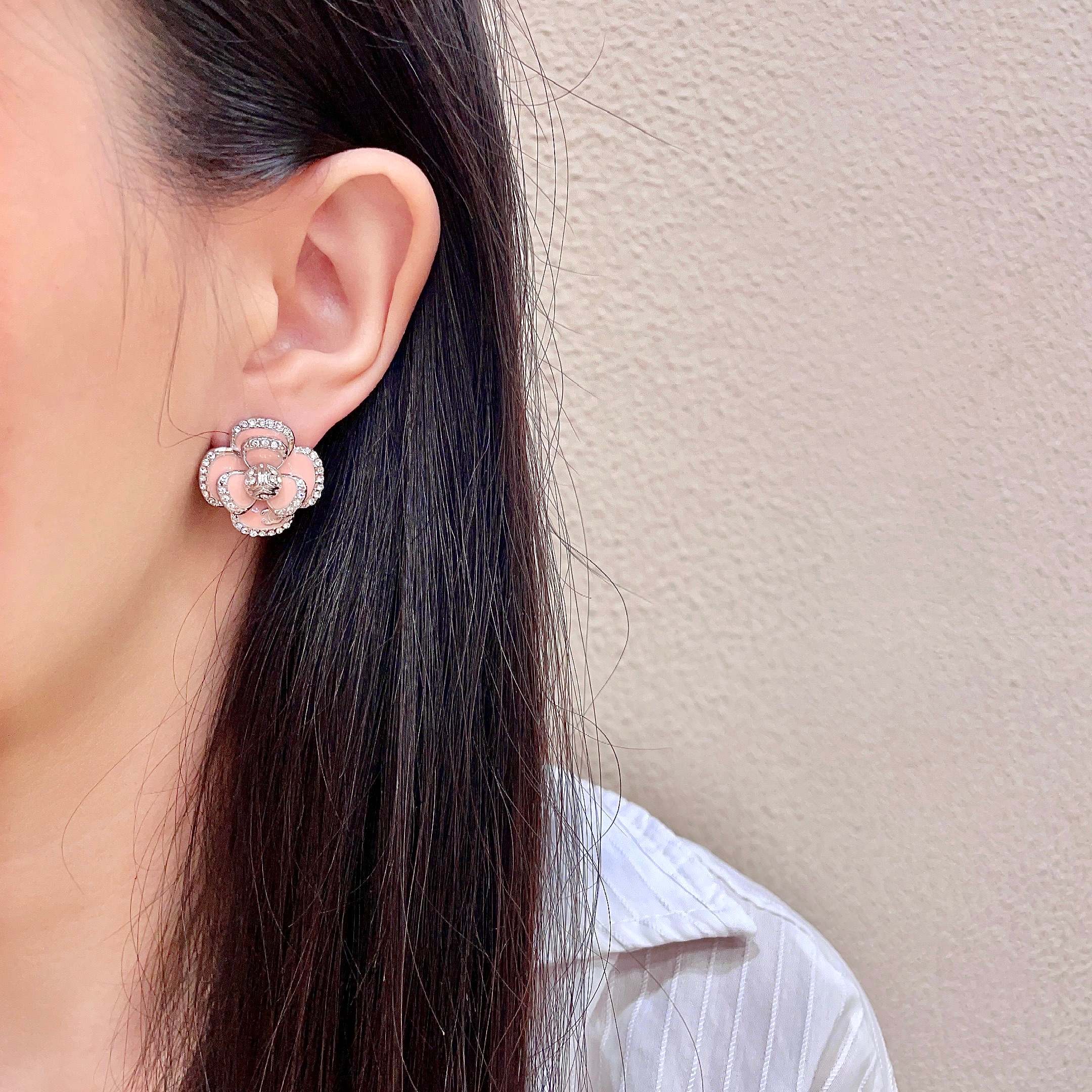 Chanel Camellia earrings silver-toned metal light pink enamel clear crystal accents 1 5cm diameter