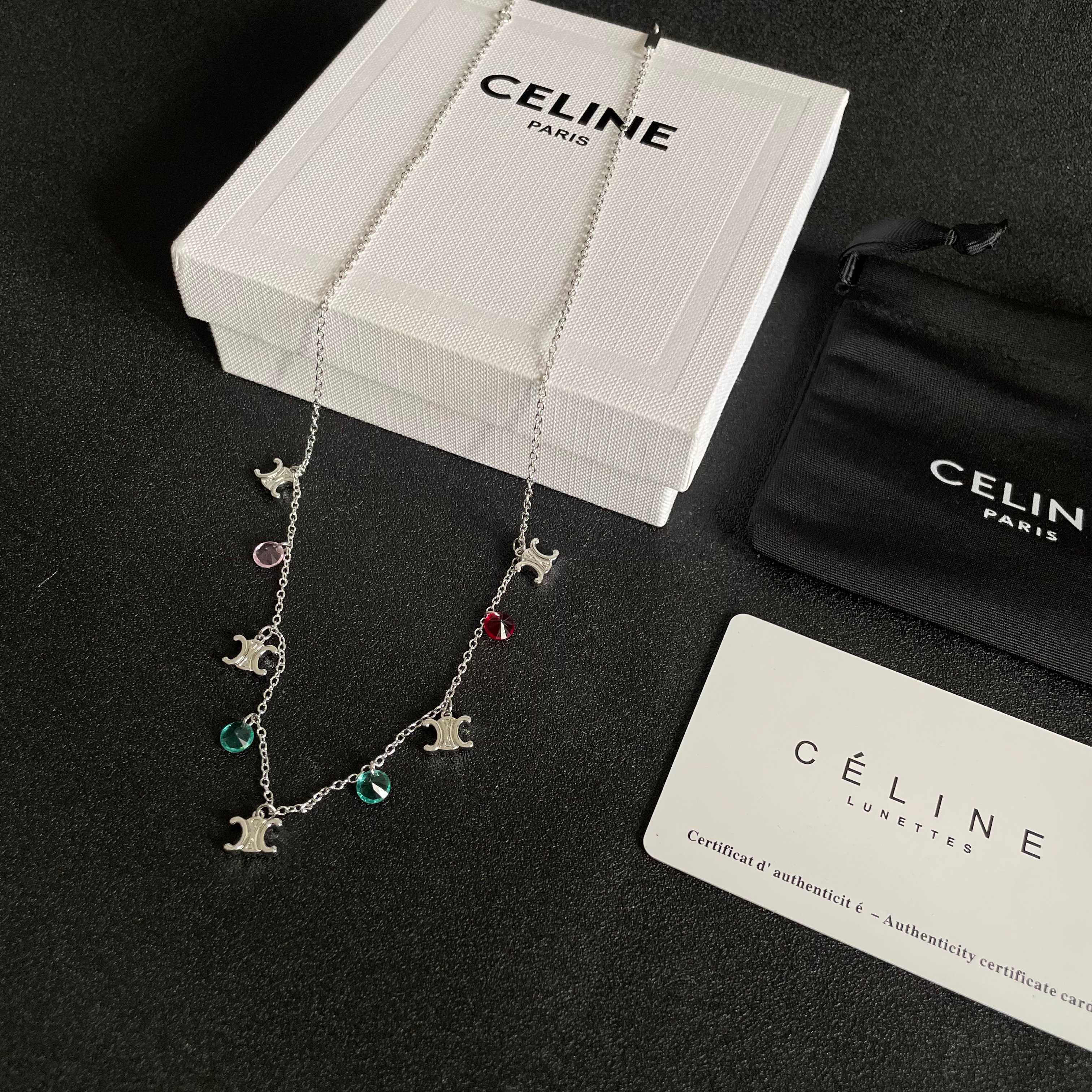Celine Triomphe Multi Charm necklace Silver-toned metal with red pink teal and green faceted stone charms 40cm