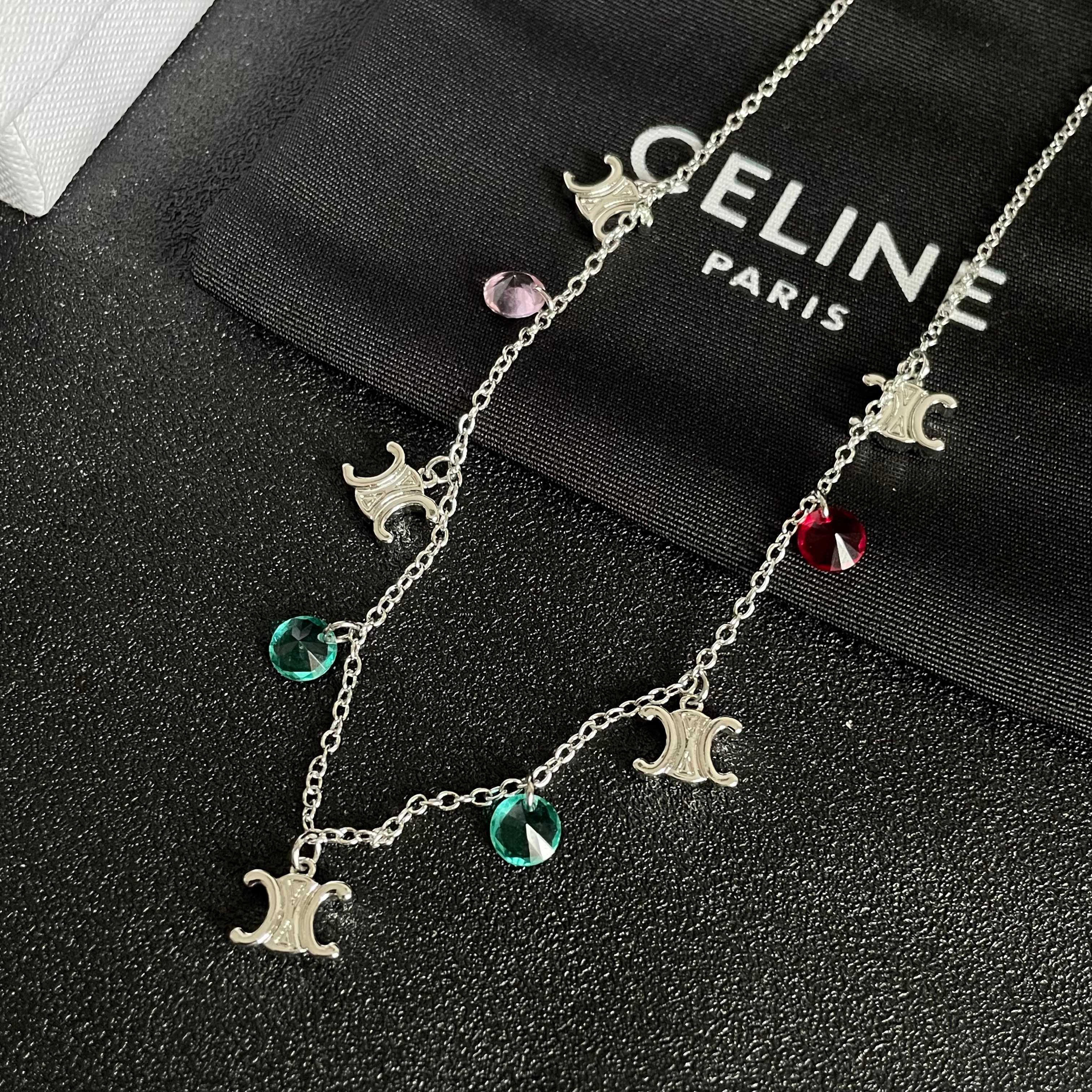 Celine Triomphe Multi Charm necklace Silver-toned metal with red pink teal and green faceted stone charms 40cm