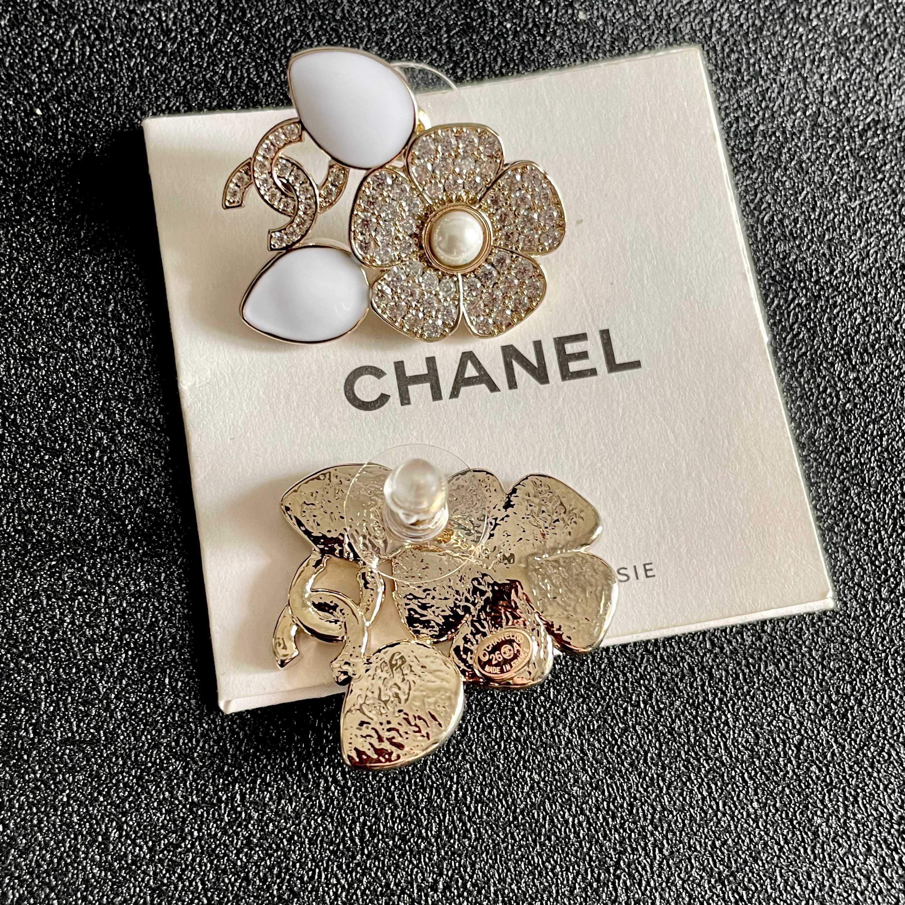 Chanel CC Camellia Crystal Pearl Stud Earrings earrings Light gold tone metal clear crystal pave white enamel white pearl center 2 2cm width per earring