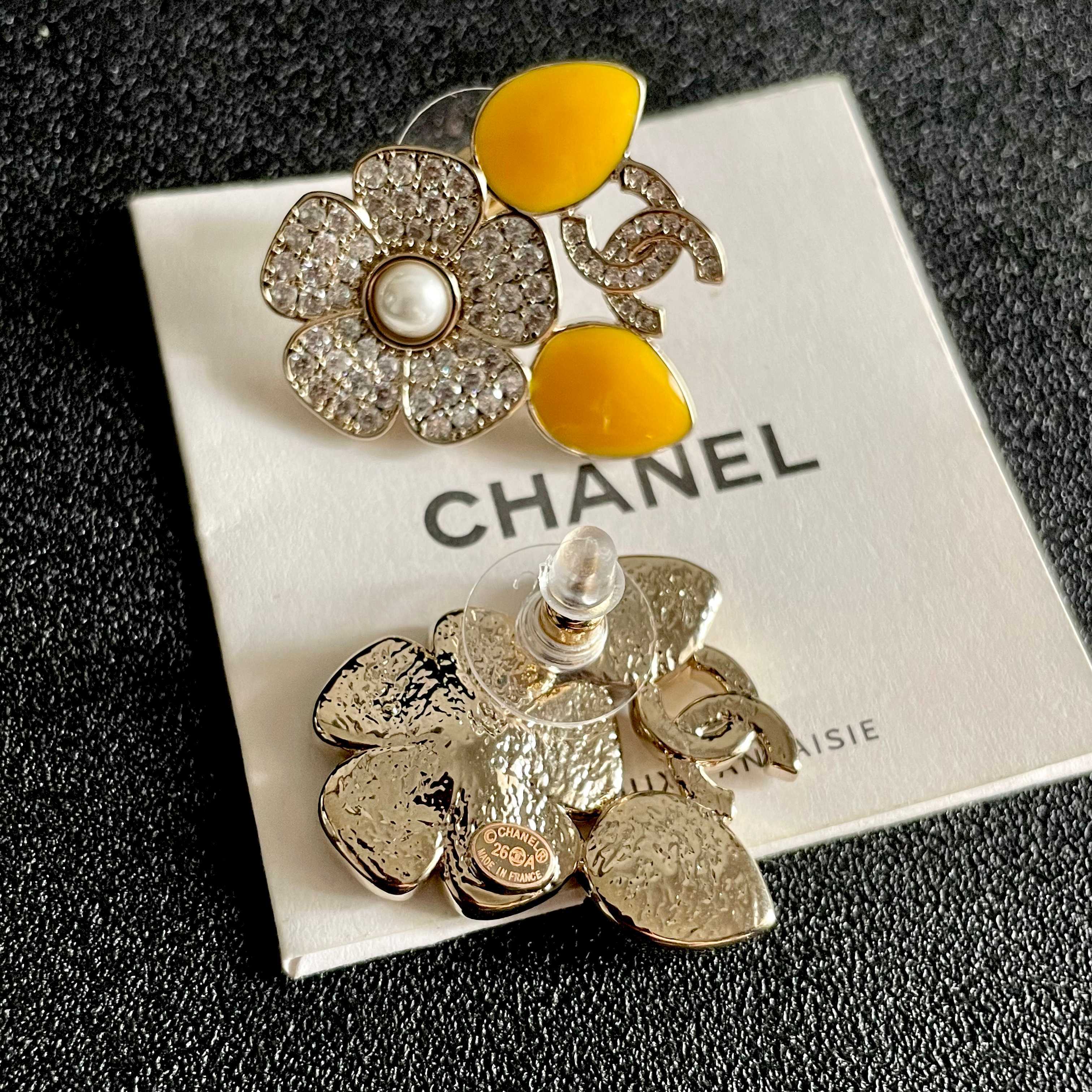 Chanel CC Logo Crystal Flower Yellow Enamel Stud Earrings earrings Gold-tone metal clear crystal white faux pearl bright yellow enamel 2 5cm diameter per earring
