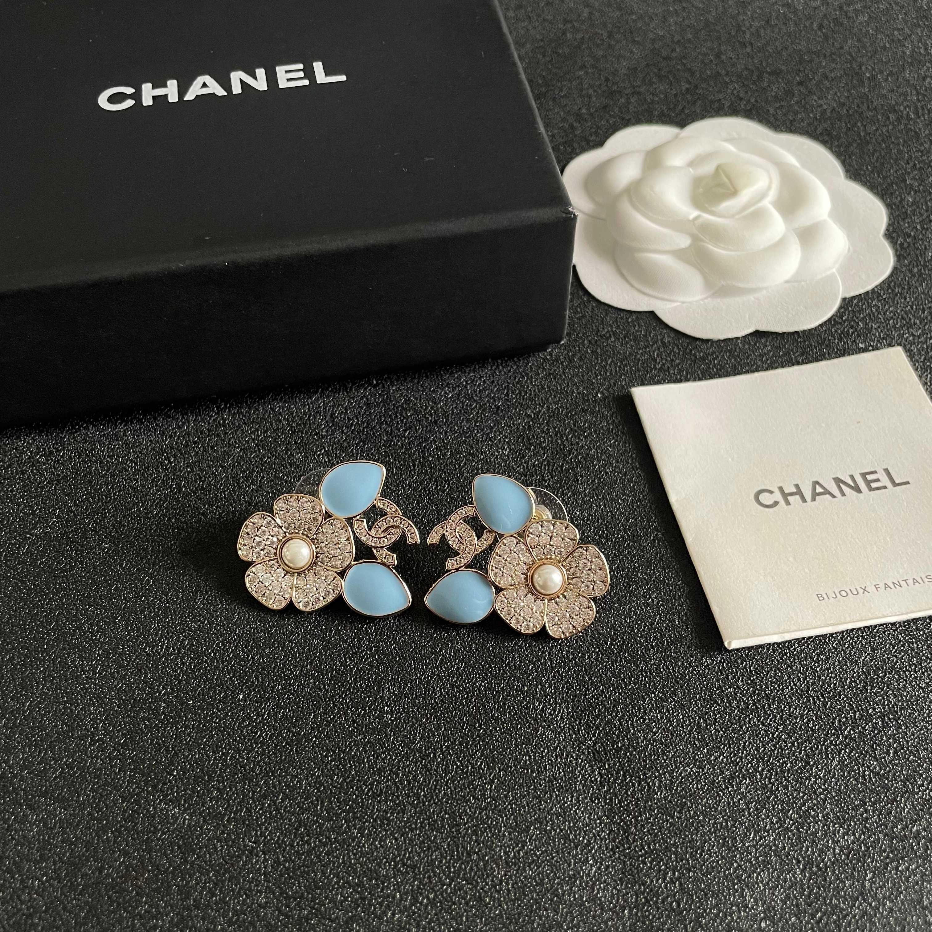 Chanel CC Logo Flower Enamel Stud Earrings earrings Gold-tone metal clear crystals white pearl center light blue enamel accents One Size 2 5cm width