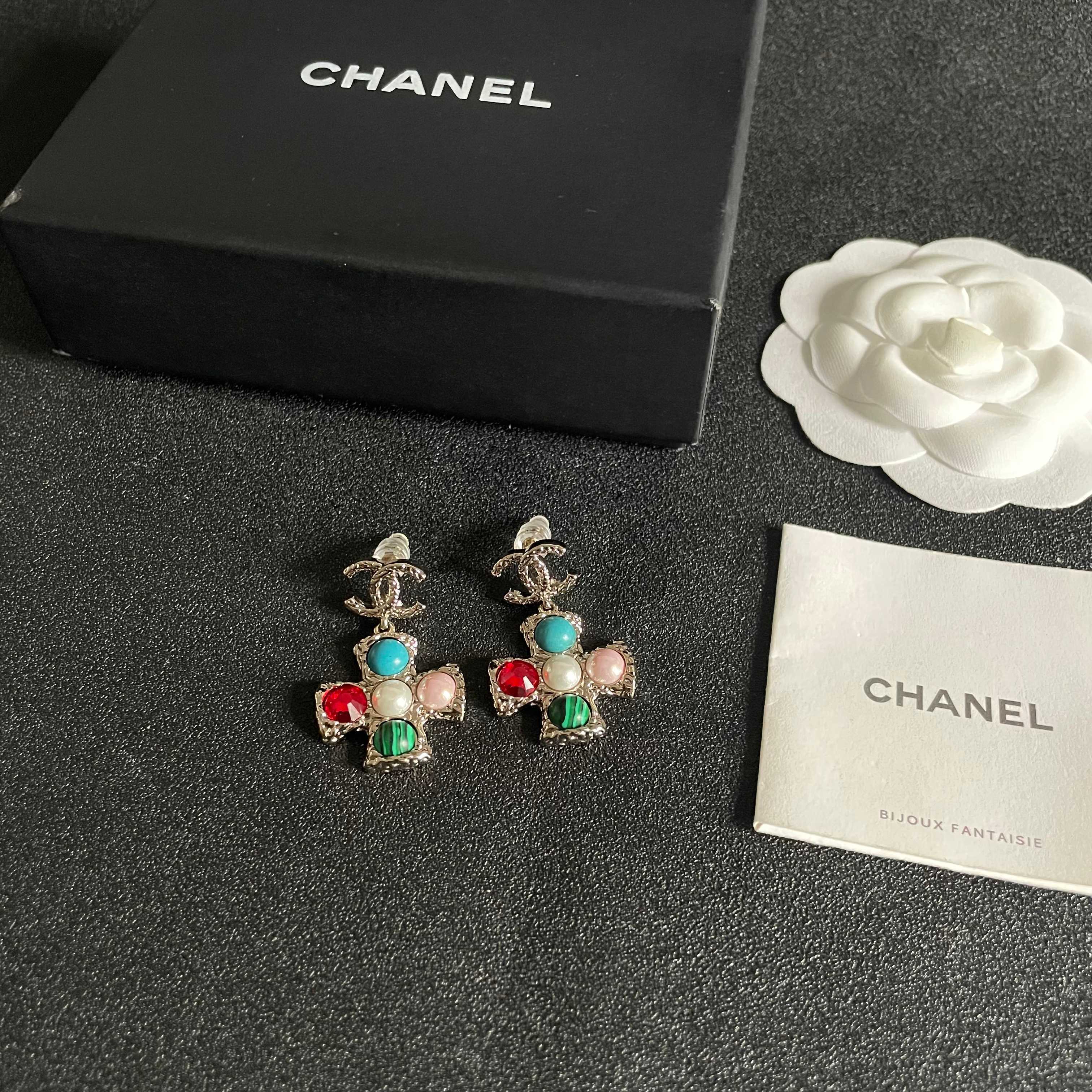 Chanel CC Logo Multicolor Cross Drop Earrings earrings silver-tone metal with blue red white pearl pink green malachite cabochon stones 3 2cm drop length