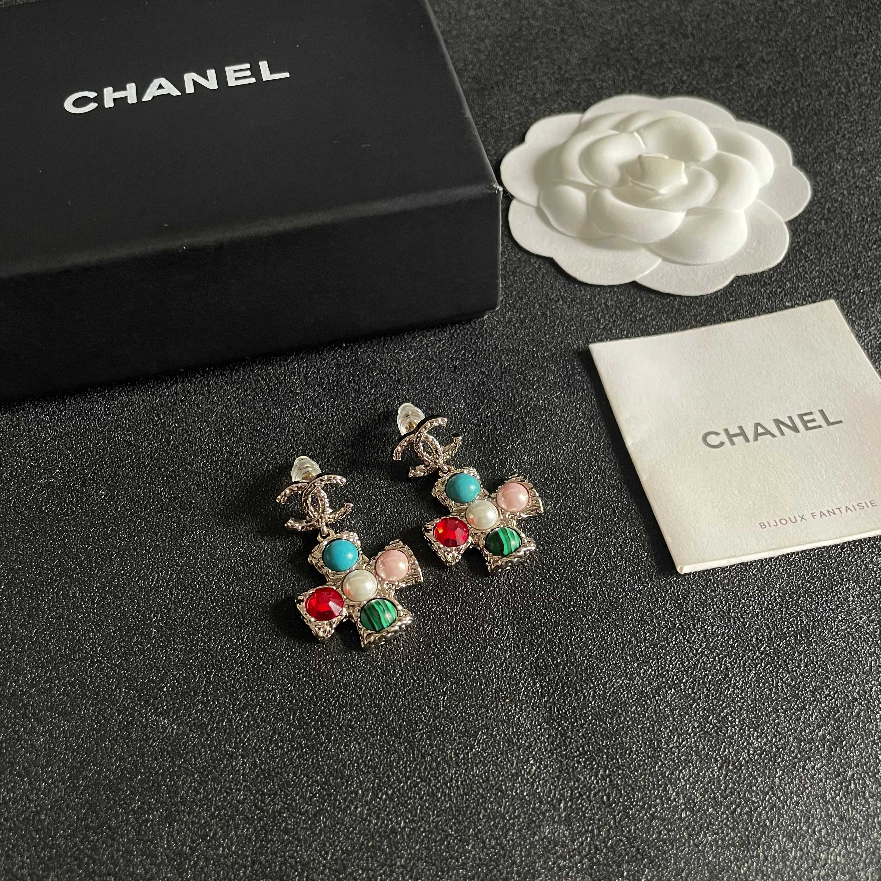 Chanel CC Logo Multicolor Cross Drop Earrings earrings silver-tone metal with blue red white pearl pink green malachite cabochon stones 3 2cm drop length