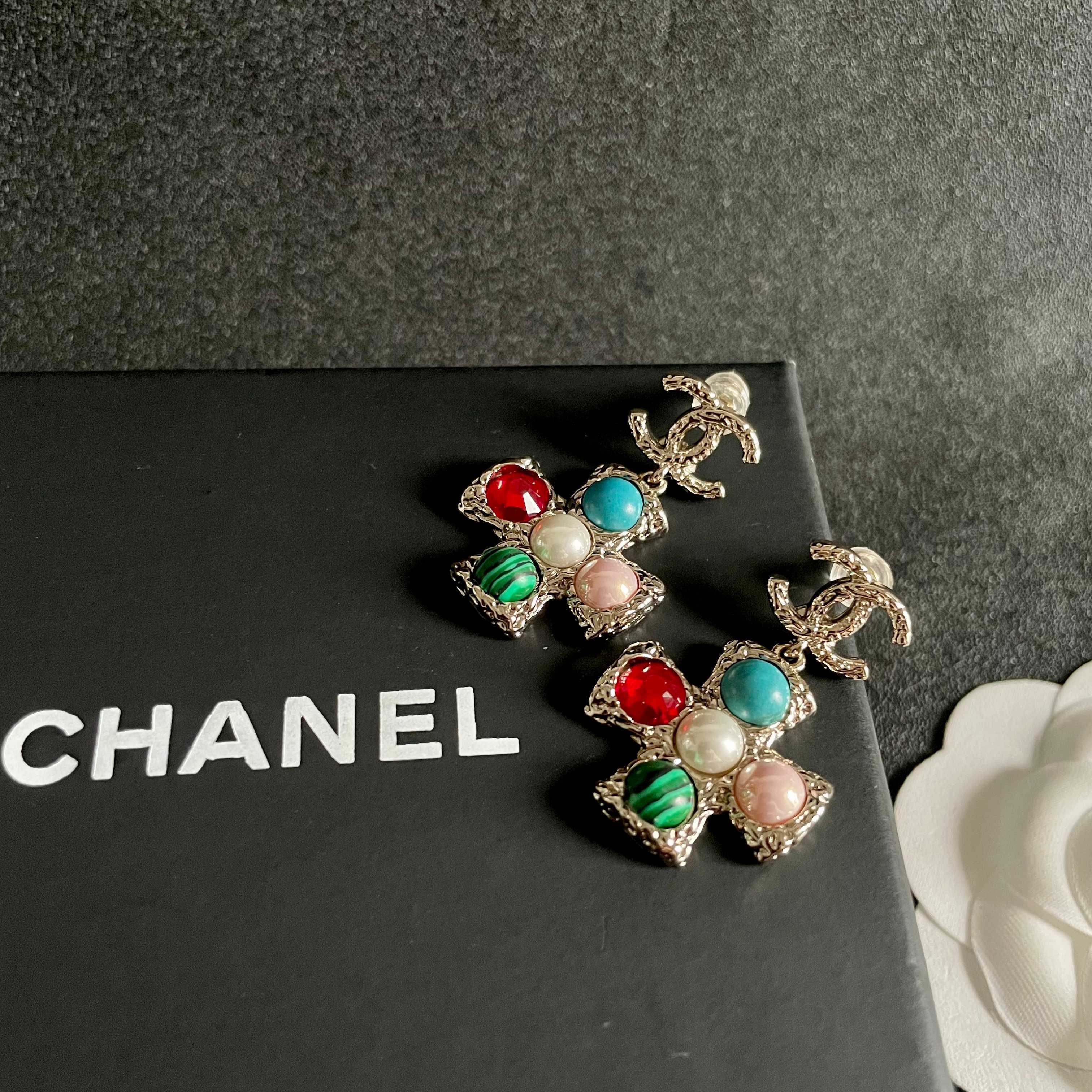 Chanel CC Logo Multicolor Cross Drop Earrings earrings silver-tone metal with blue red white pearl pink green malachite cabochon stones 3 2cm drop length