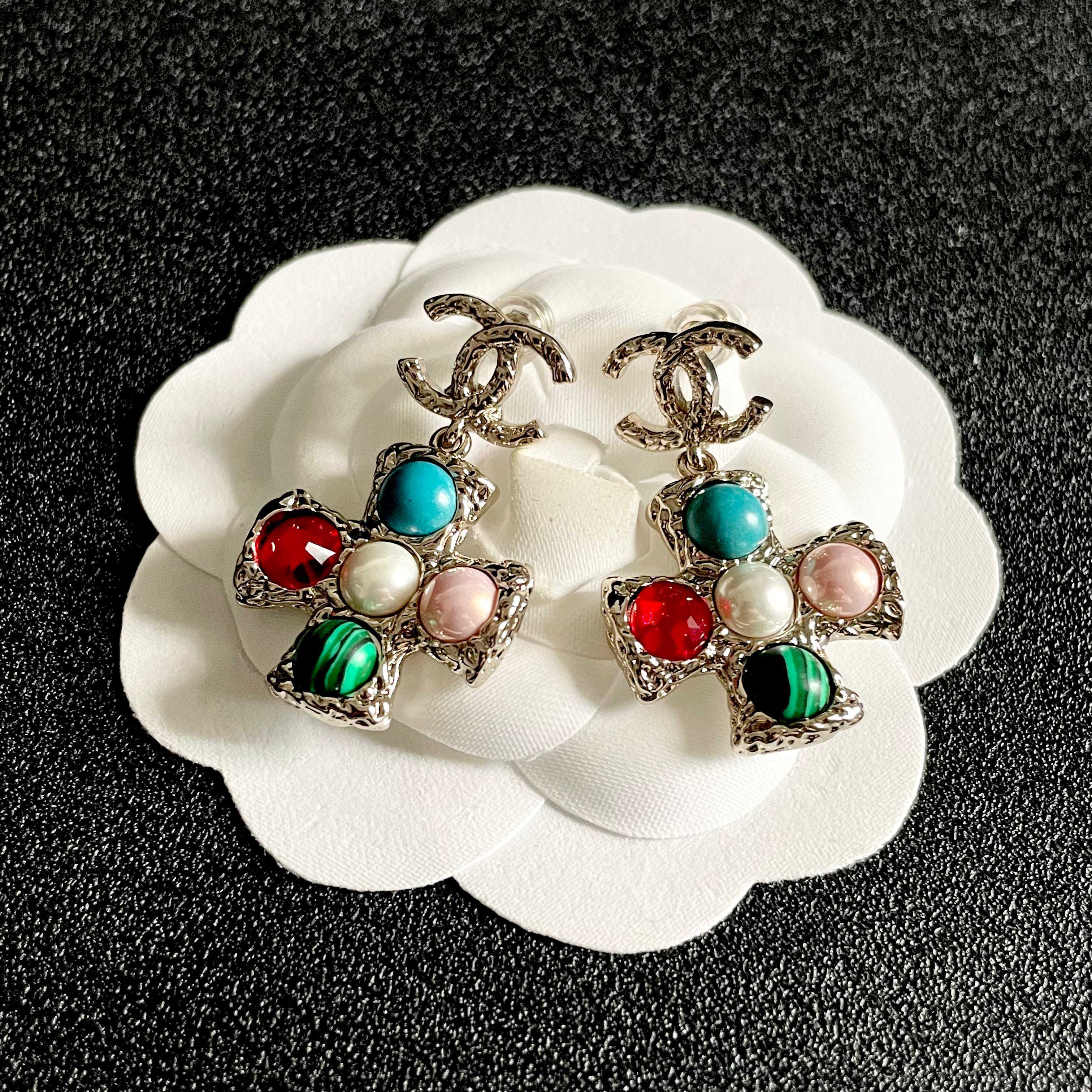 Chanel CC Logo Multicolor Cross Drop Earrings earrings silver-tone metal with blue red white pearl pink green malachite cabochon stones 3 2cm drop length