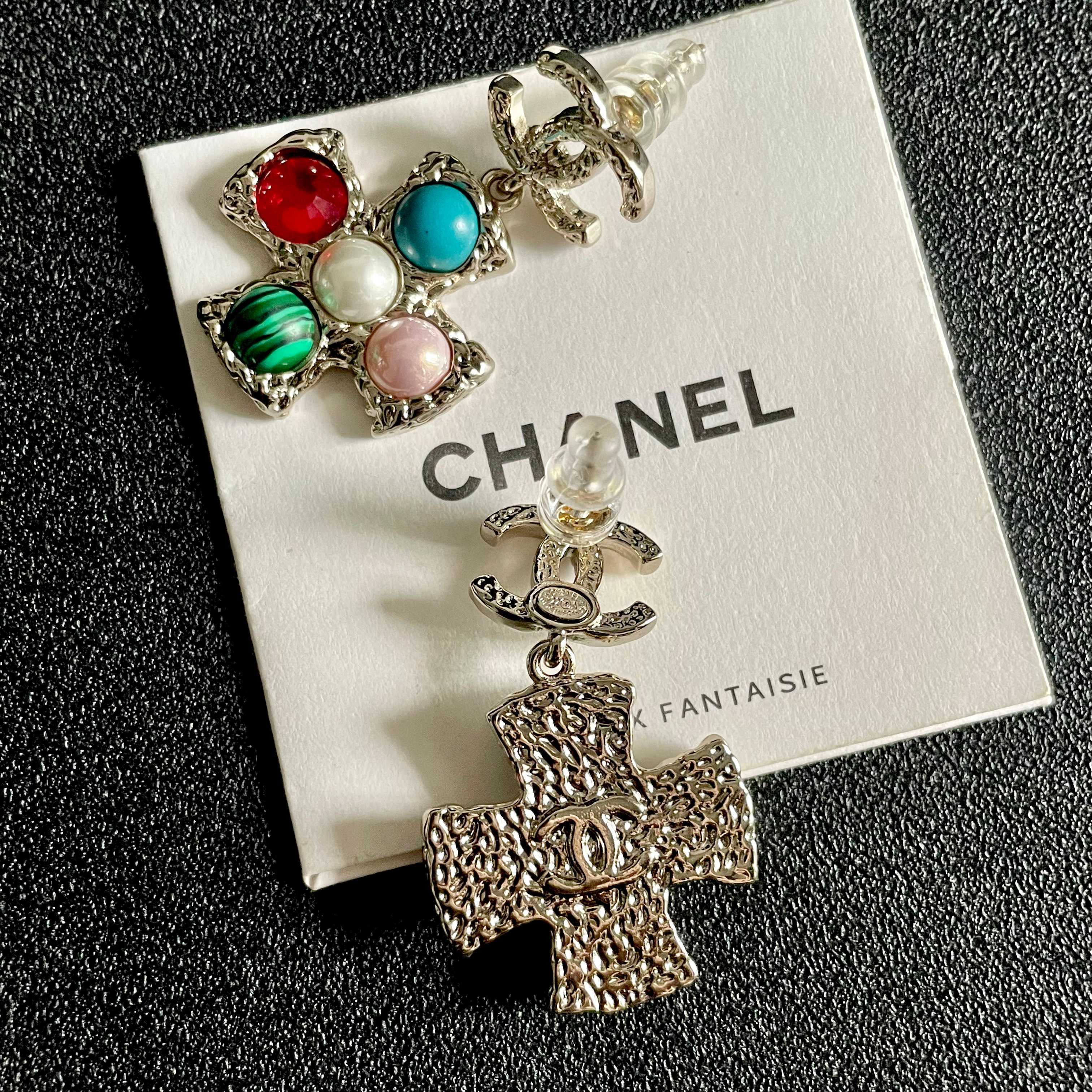 Chanel CC Logo Multicolor Cross Drop Earrings earrings silver-tone metal with blue red white pearl pink green malachite cabochon stones 3 2cm drop length