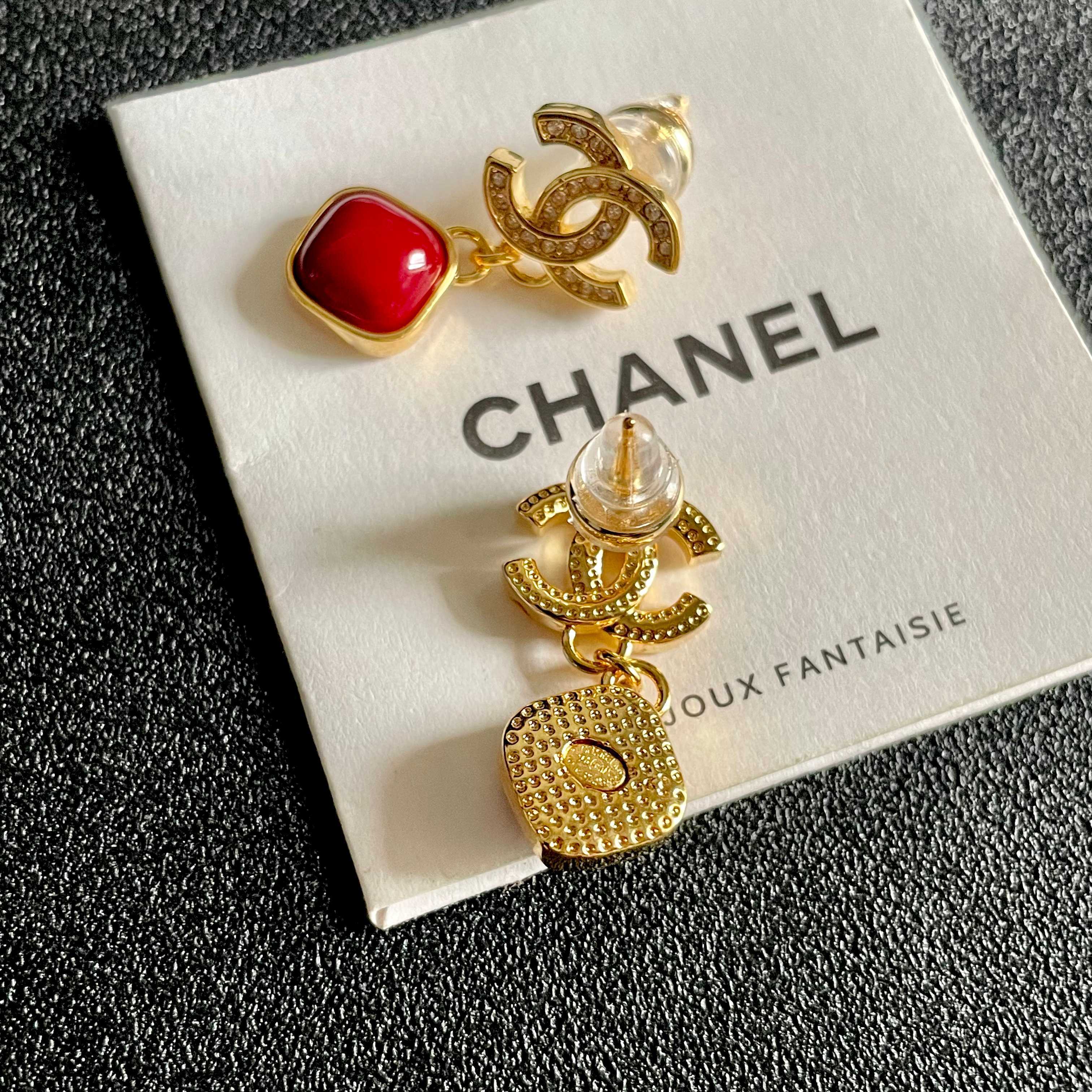 Chanel CC Logo Red Drop Earrings earrings gold-tone metal with clear crystals and glossy red resin 2 2cm drop length