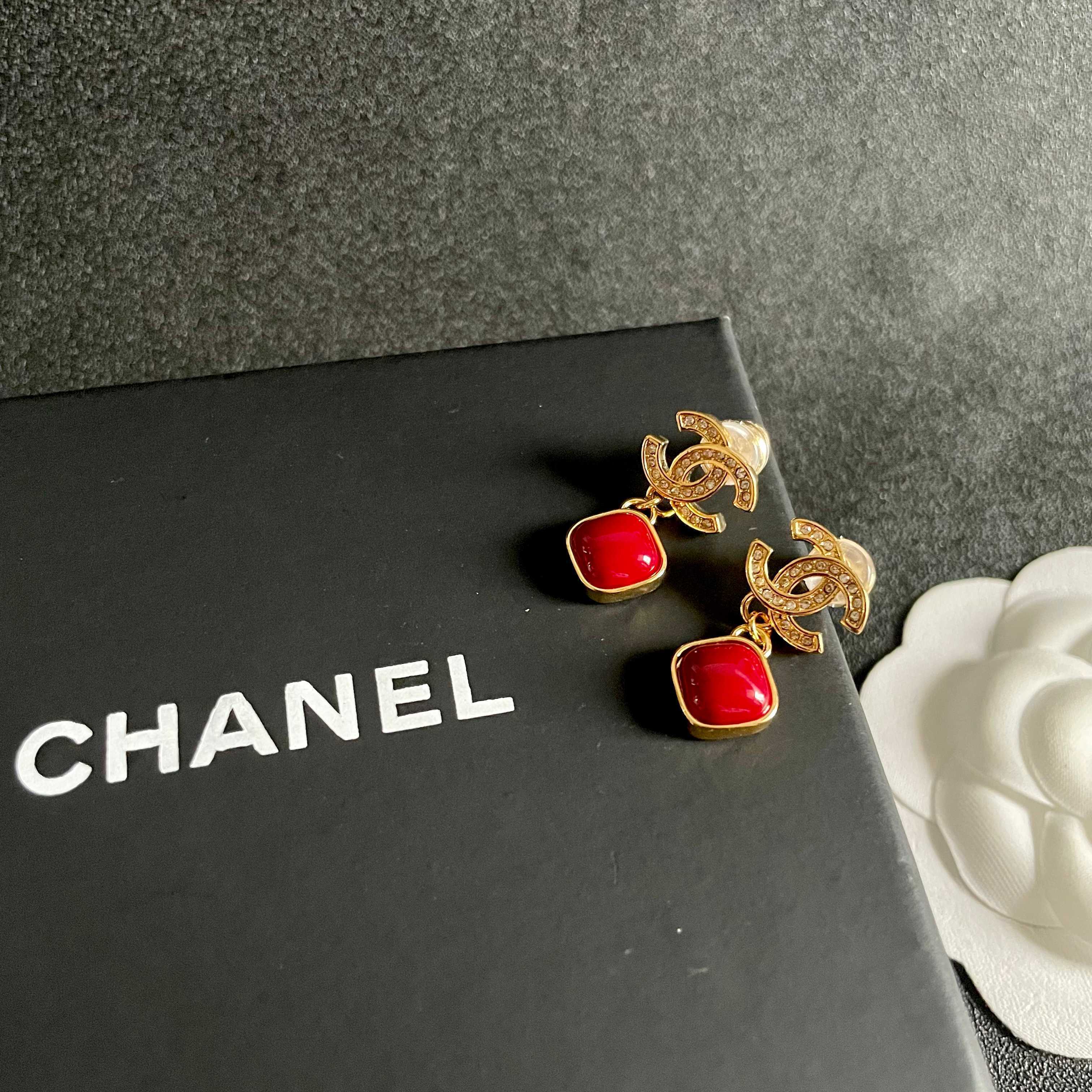 Chanel CC Logo Red Drop Earrings earrings gold-tone metal with clear crystals and glossy red resin 2 2cm drop length