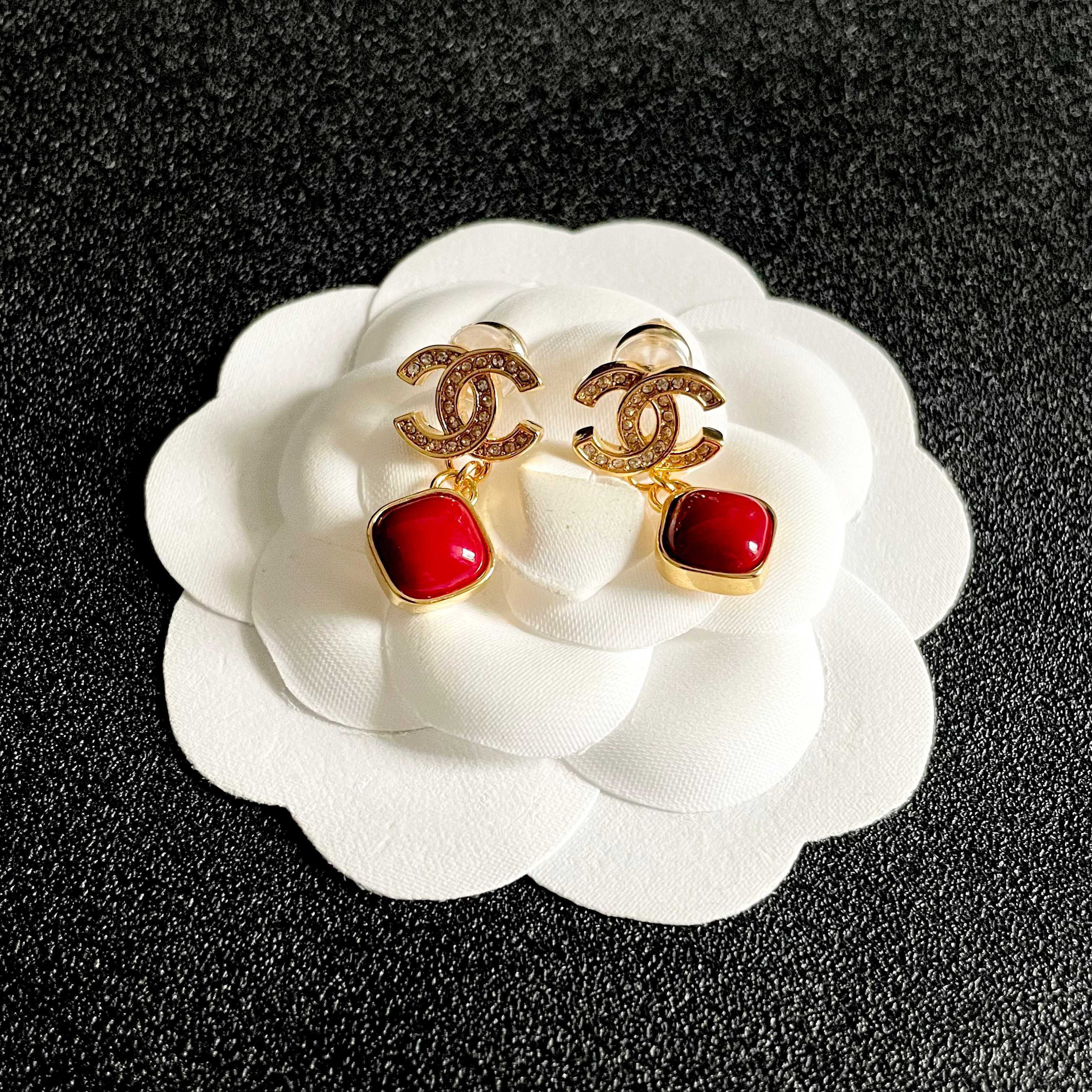 Chanel CC Logo Red Drop Earrings earrings gold-tone metal with clear crystals and glossy red resin 2 2cm drop length