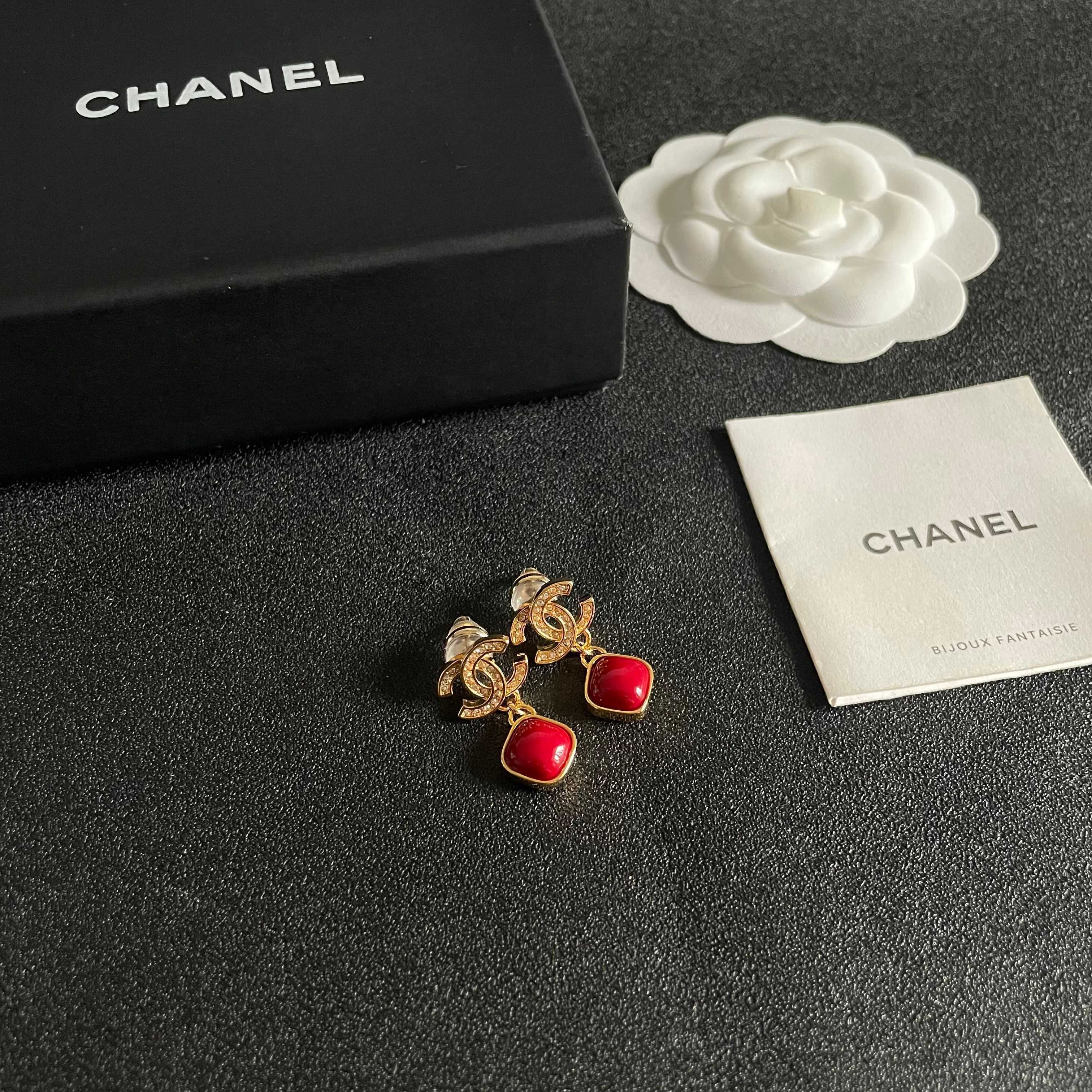 Chanel CC Logo Red Drop Earrings earrings gold-tone metal with clear crystals and glossy red resin 2 2cm drop length
