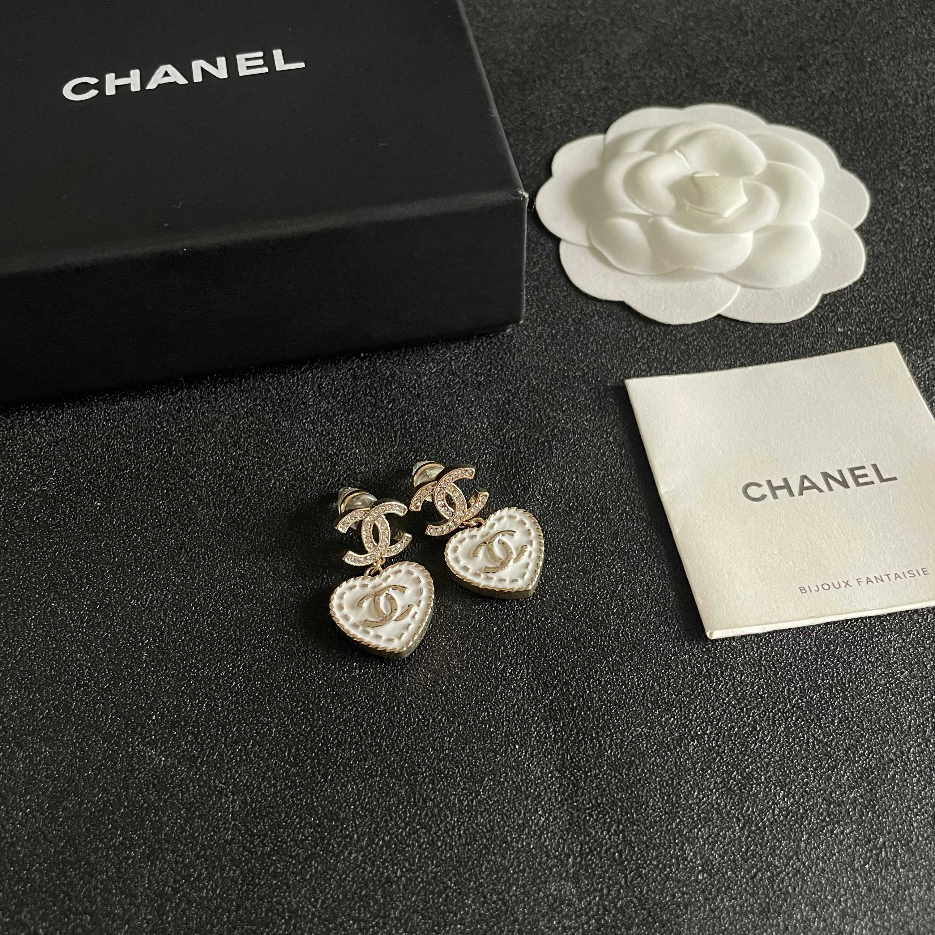 Chanel CC Heart Drop Earrings earrings light gold tone metal clear crystal white enamel 2 5cm drop length