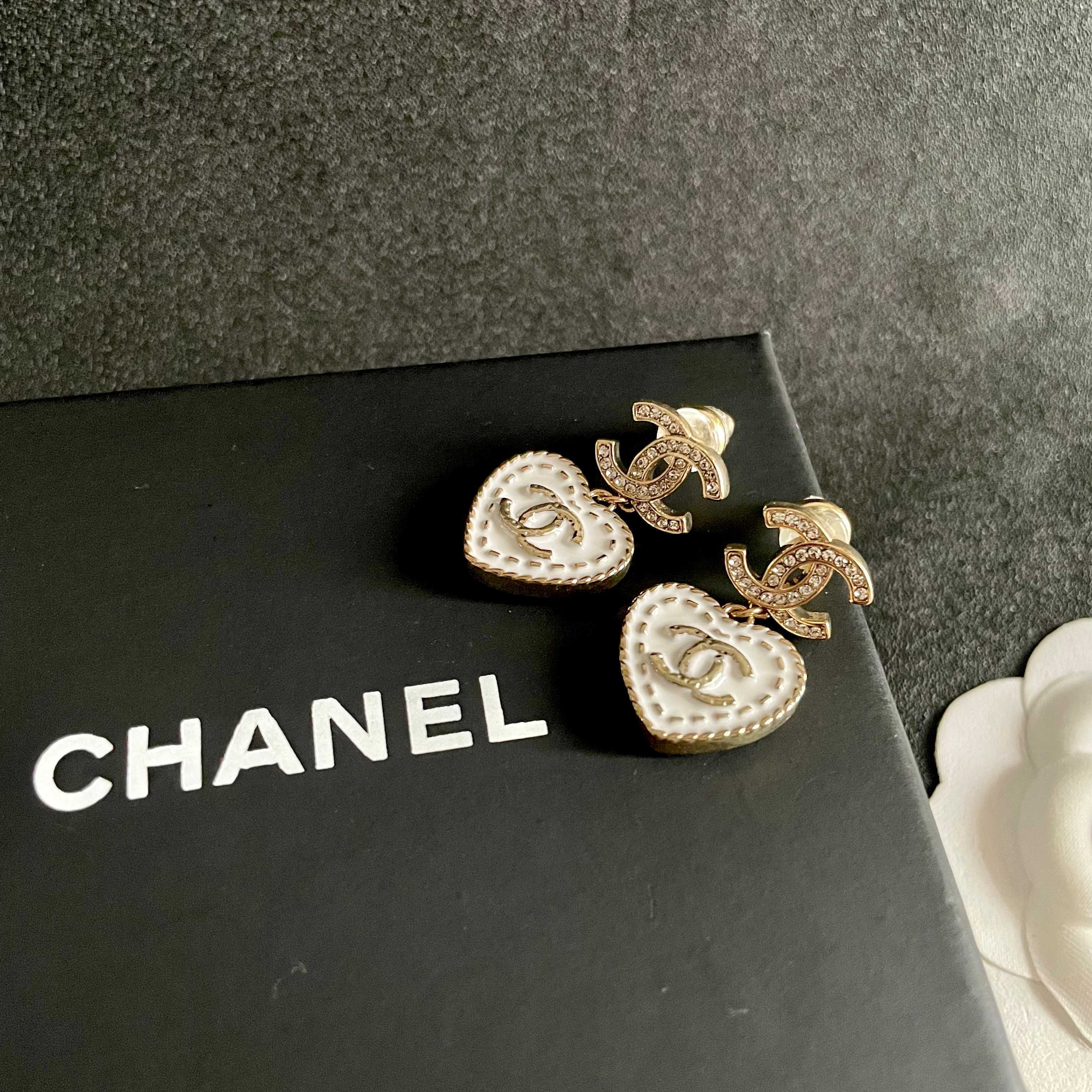 Chanel CC Heart Drop Earrings earrings light gold tone metal clear crystal white enamel 2 5cm drop length