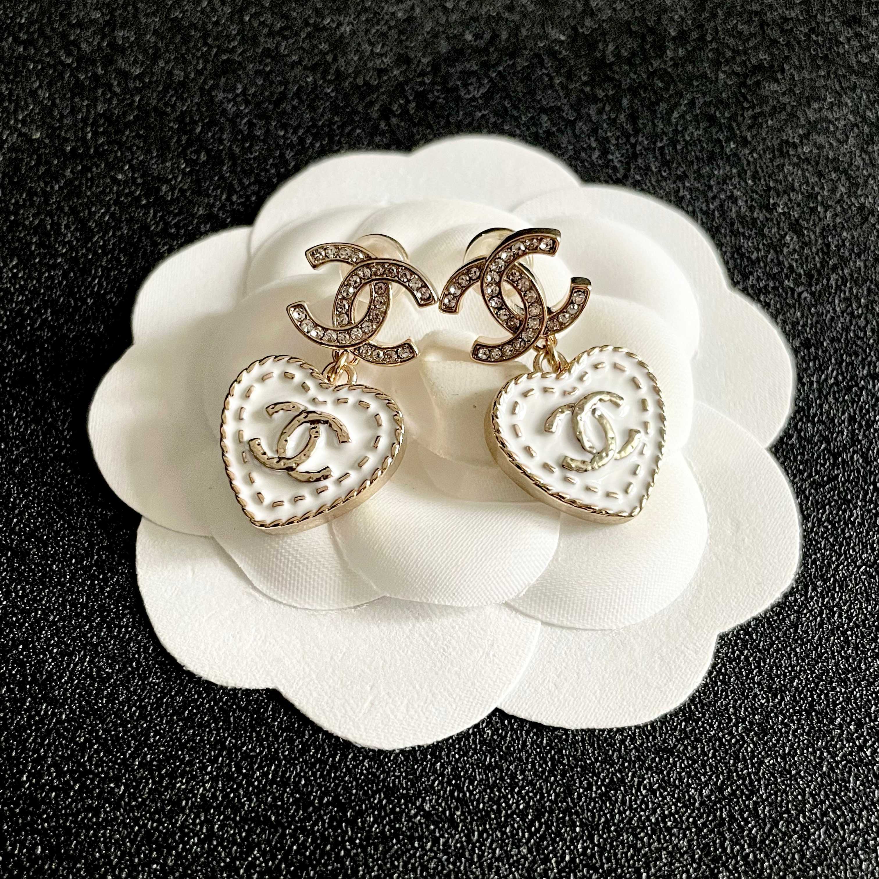 Chanel CC Heart Drop Earrings earrings light gold tone metal clear crystal white enamel 2 5cm drop length