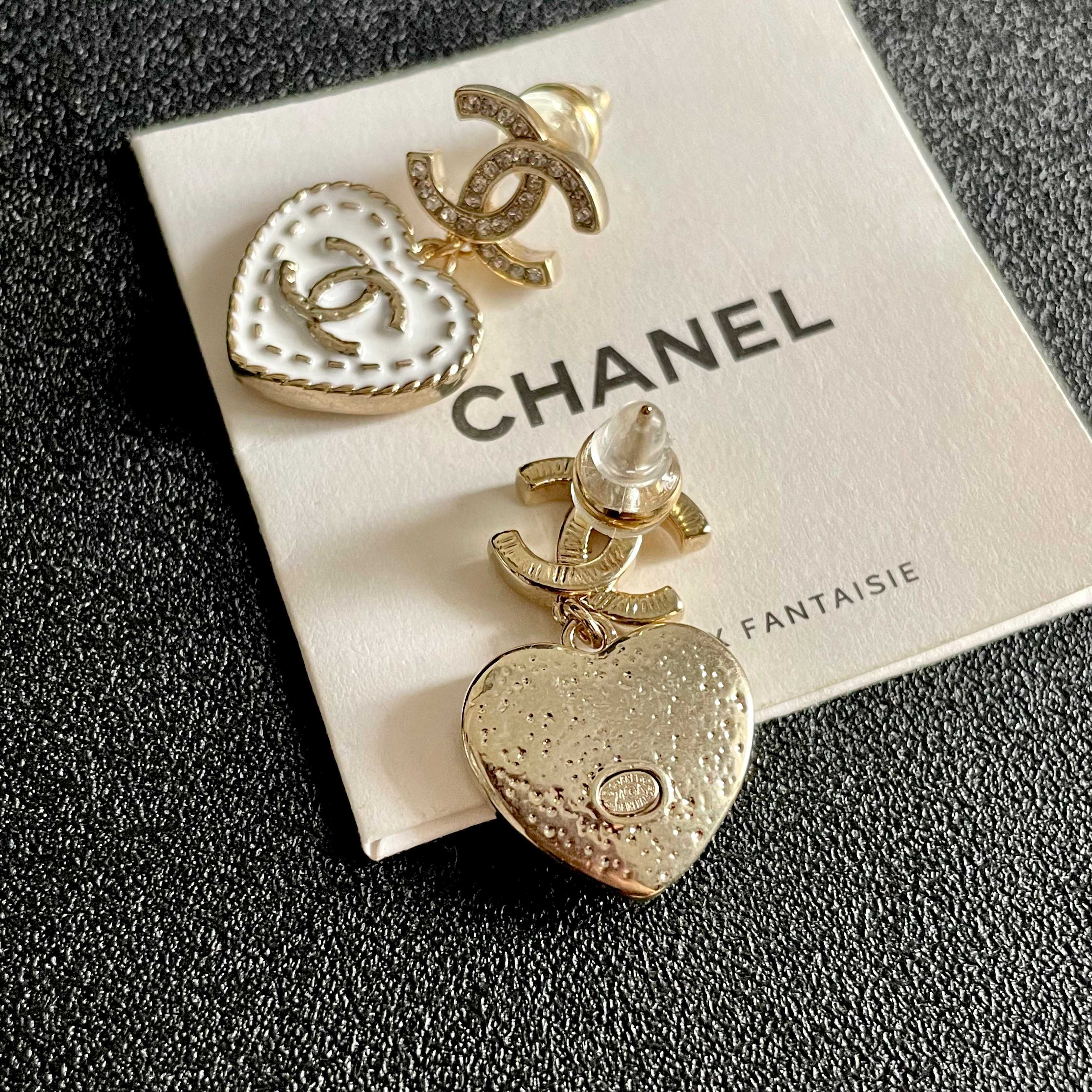 Chanel CC Heart Drop Earrings earrings light gold tone metal clear crystal white enamel 2 5cm drop length