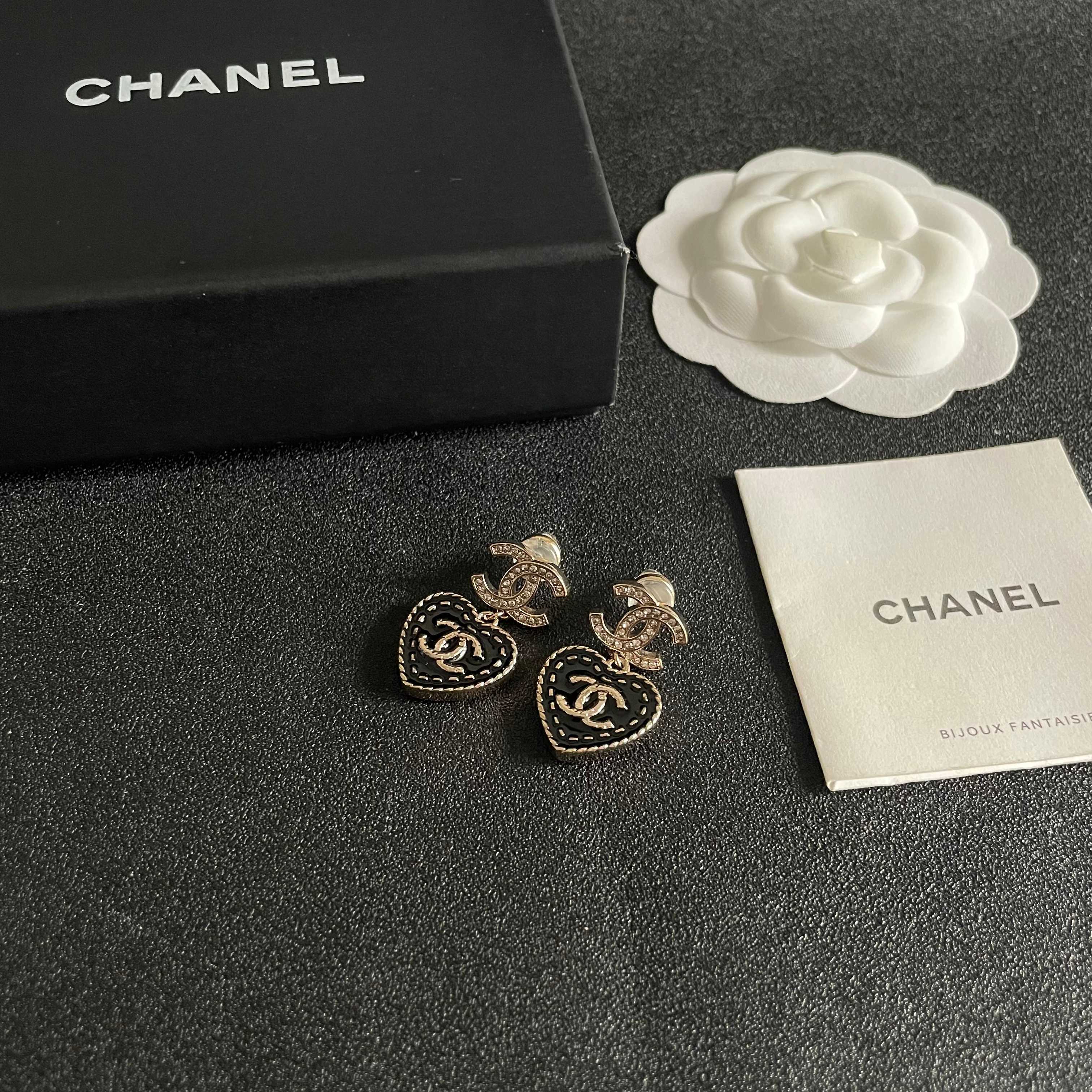 Chanel CC Heart Drop Earrings earrings Gold-tone metal with black enamel and clear crystal accents 2 5cm drop length