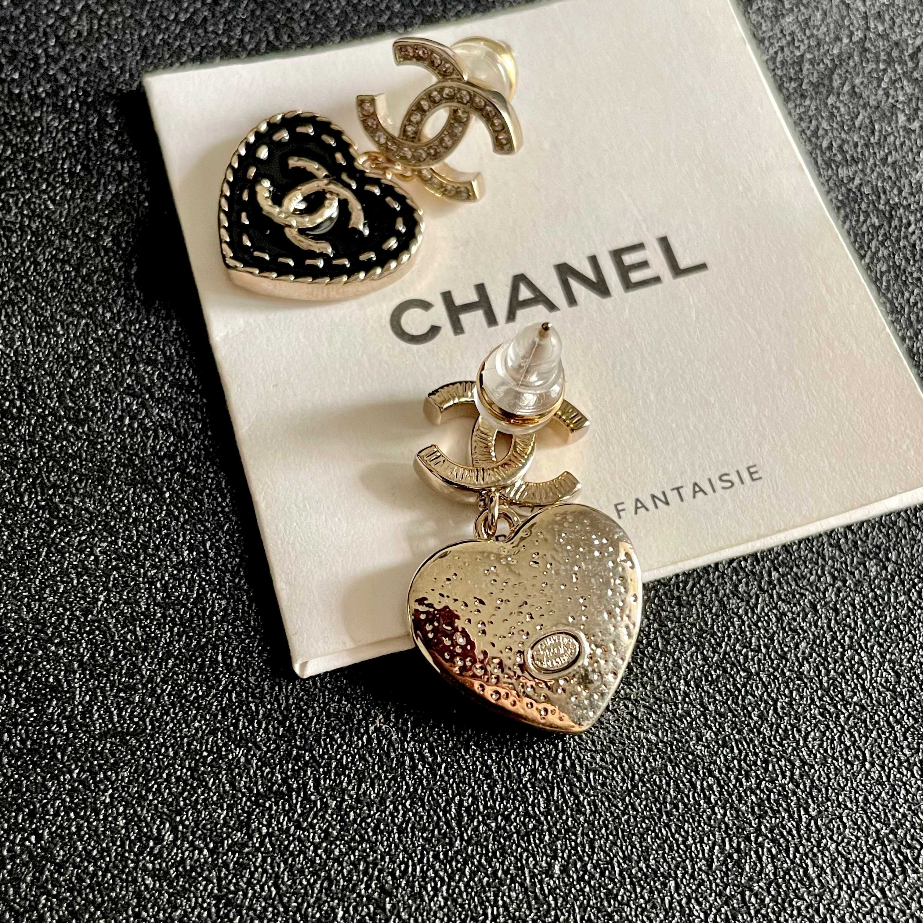 Chanel CC Heart Drop Earrings earrings Gold-tone metal with black enamel and clear crystal accents 2 5cm drop length