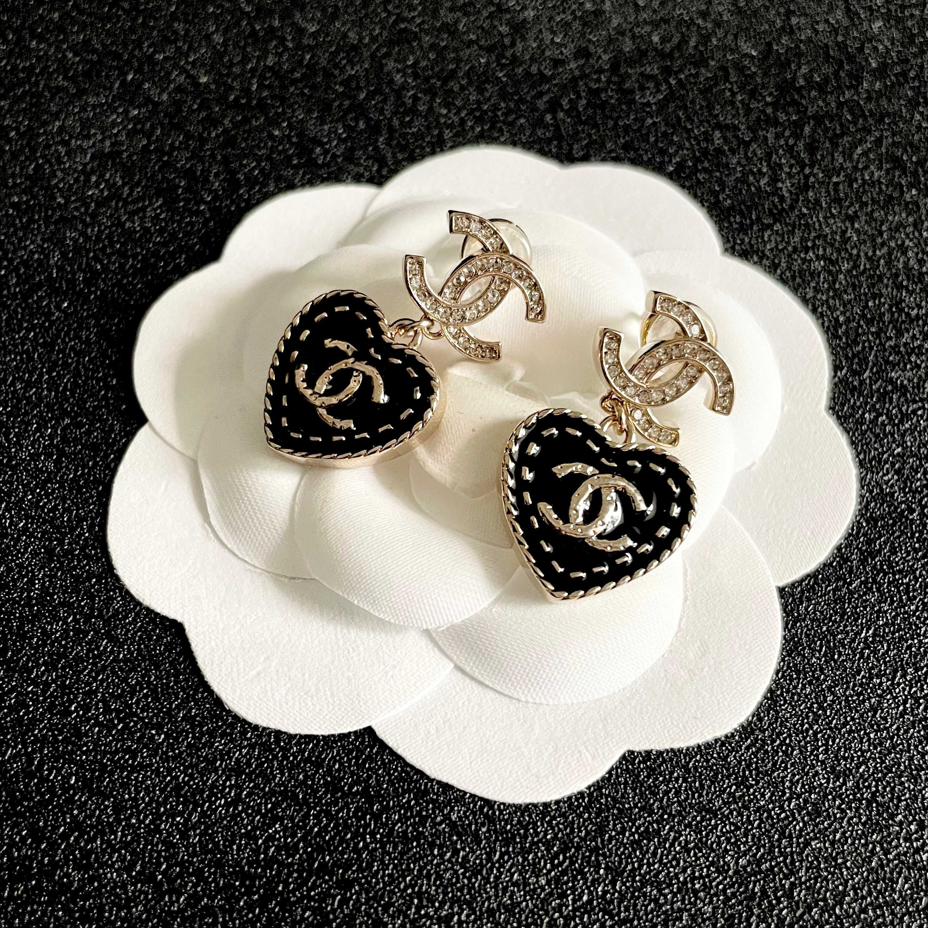 Chanel CC Heart Drop Earrings earrings Gold-tone metal with black enamel and clear crystal accents 2 5cm drop length