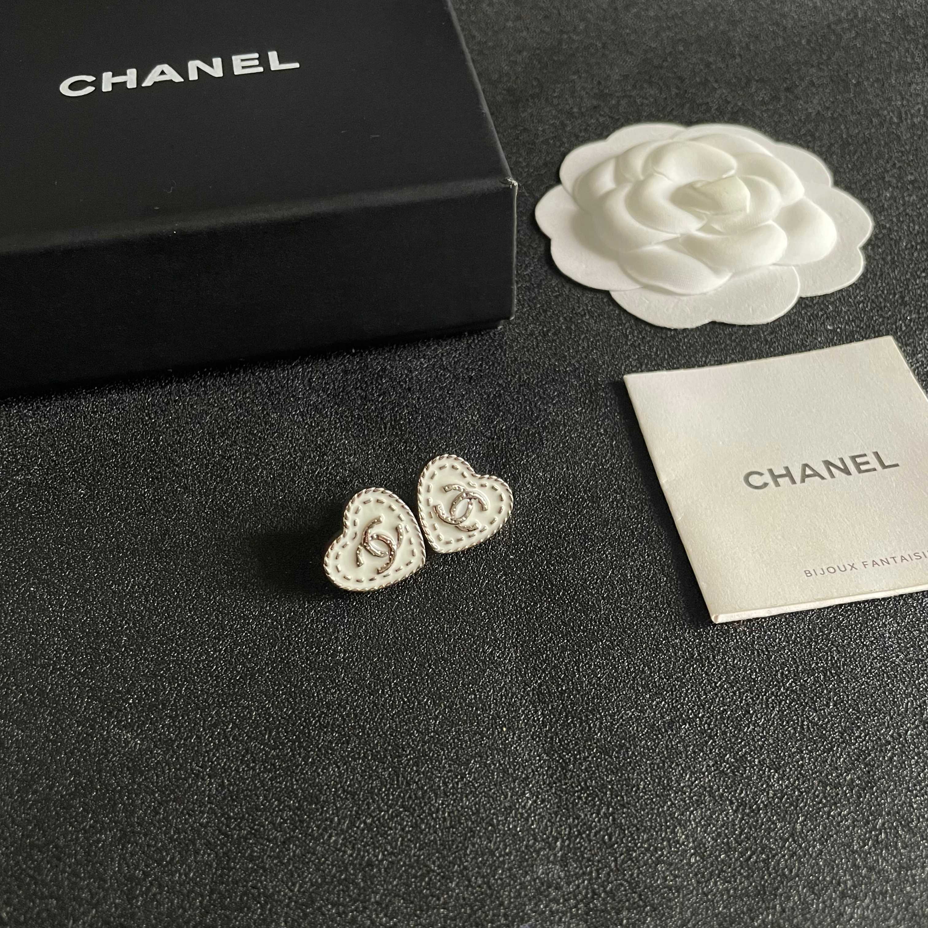 Chanel CC Heart Stitch Stud Earrings earrings light gold tone metal with white enamel and crystal accents 1 5cm stud diameter
