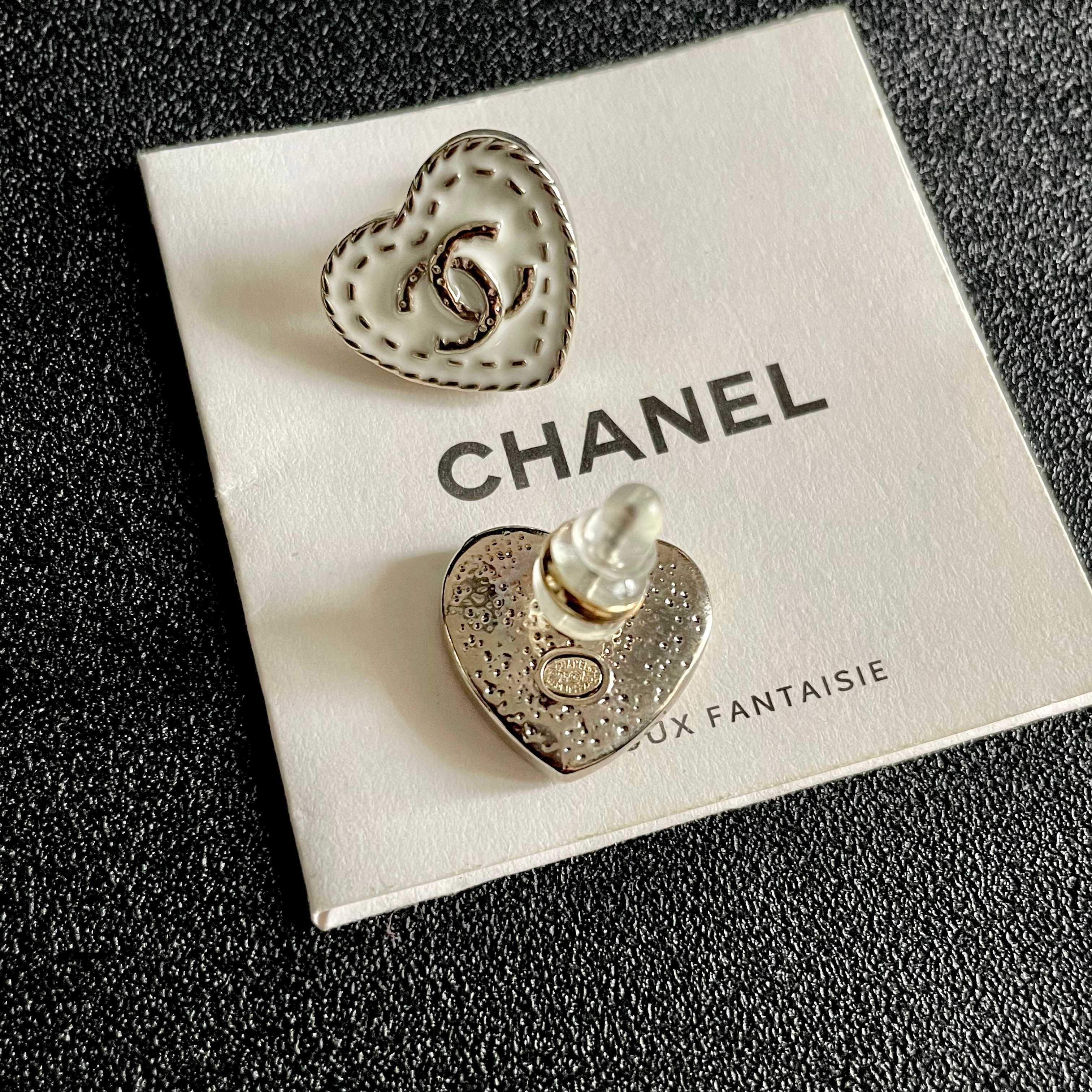 Chanel CC Heart Stitch Stud Earrings earrings light gold tone metal with white enamel and crystal accents 1 5cm stud diameter