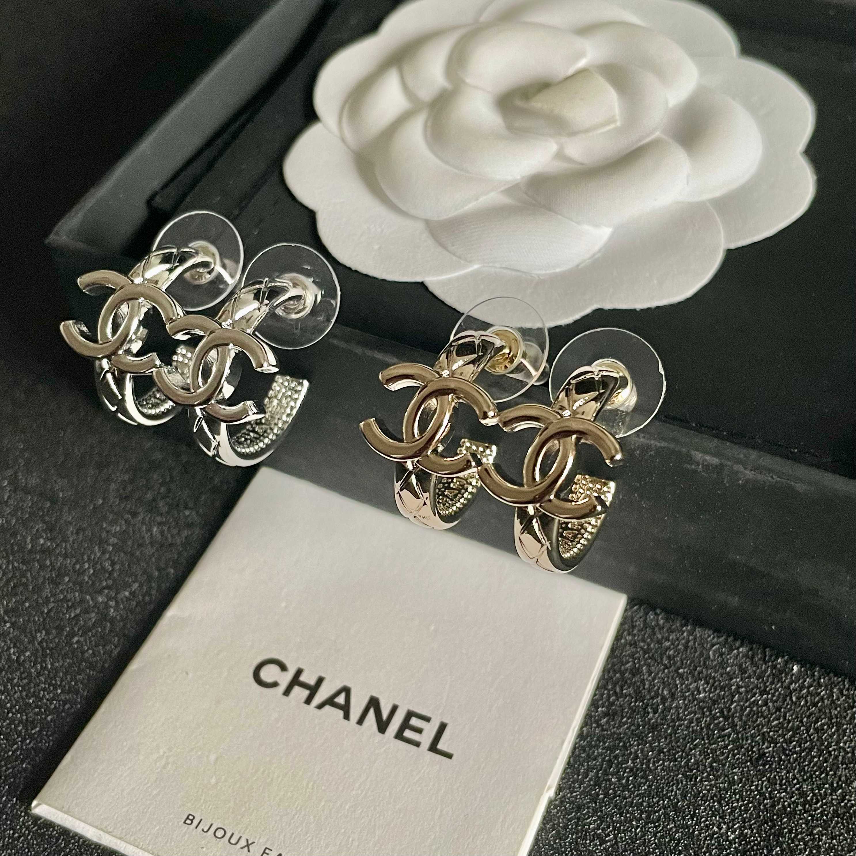 Chanel CC Logo Huggie Earrings earrings light gold tone metal with clear crystal accents 1 5cm drop length