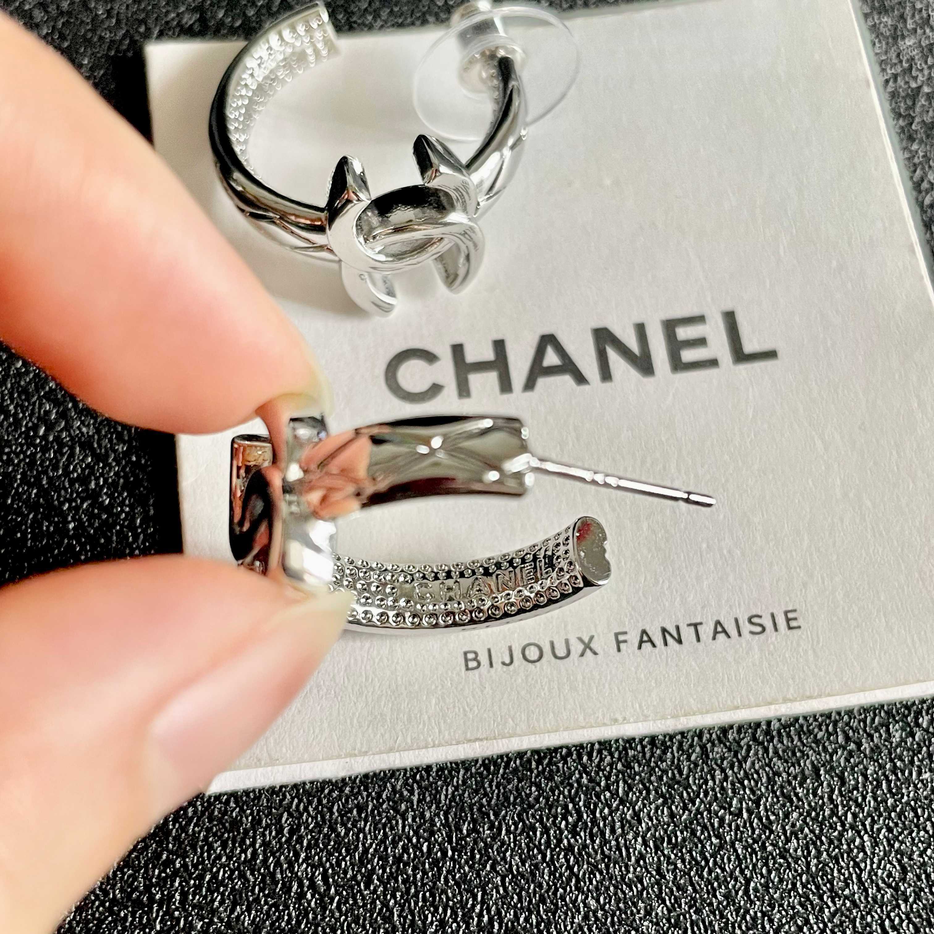 Chanel CC Logo Crystal Hoop Earrings earrings silver-toned metal with clear crystal accents 1 5cm diameter