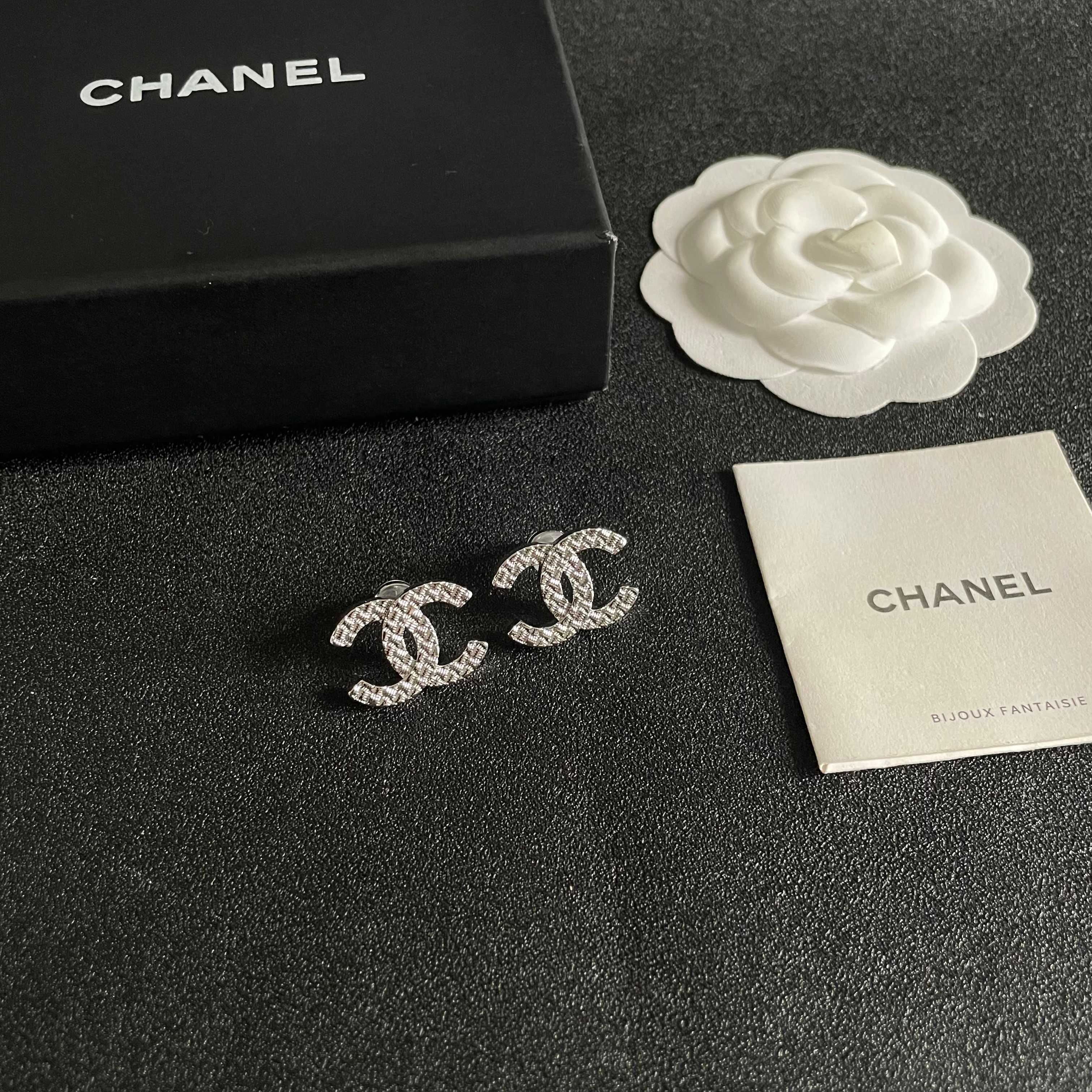Chanel CC Quilted Stud Earrings earrings silver tone metal with textured quilted finish 1 5cm diameter