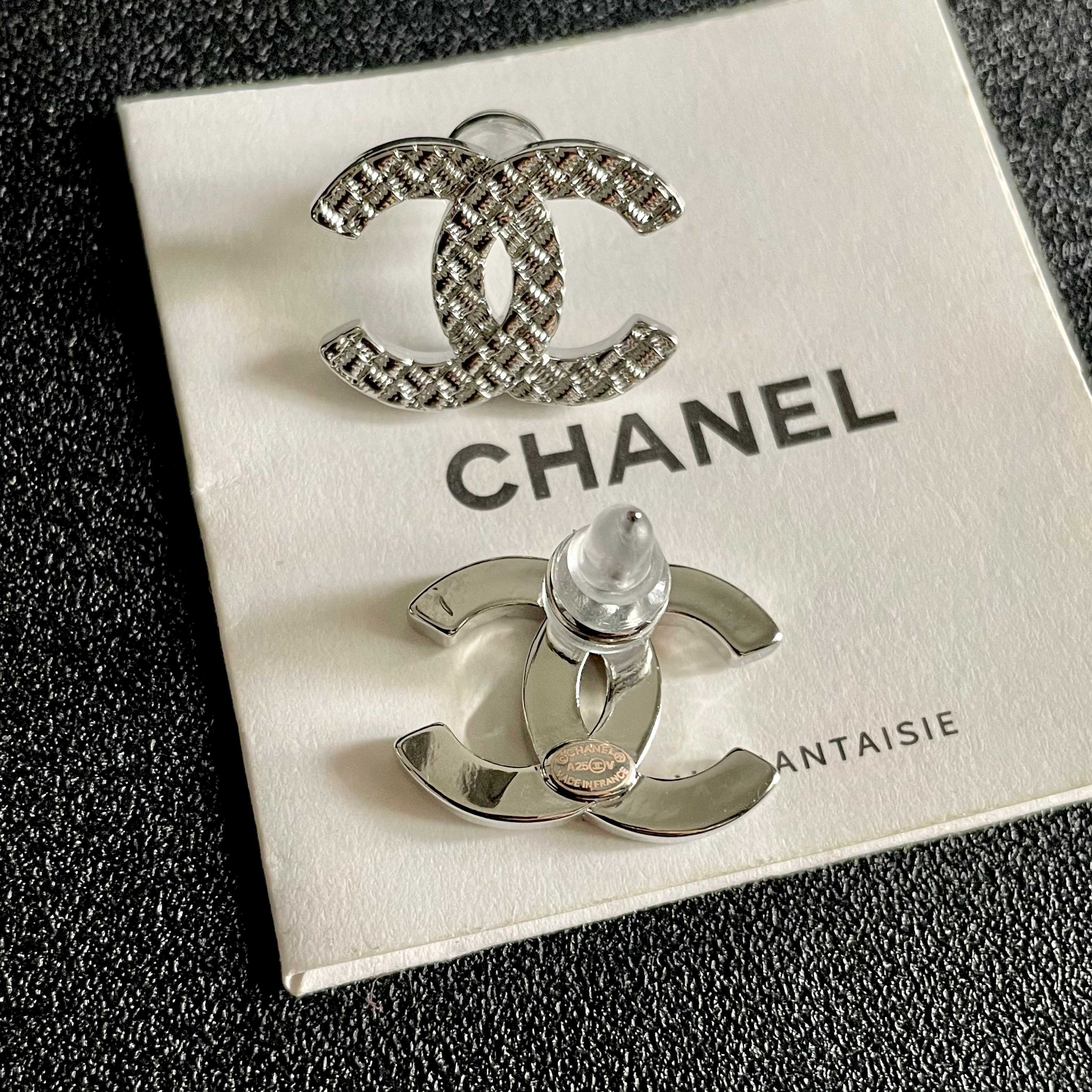 Chanel CC Quilted Stud Earrings earrings silver tone metal with textured quilted finish 1 5cm diameter