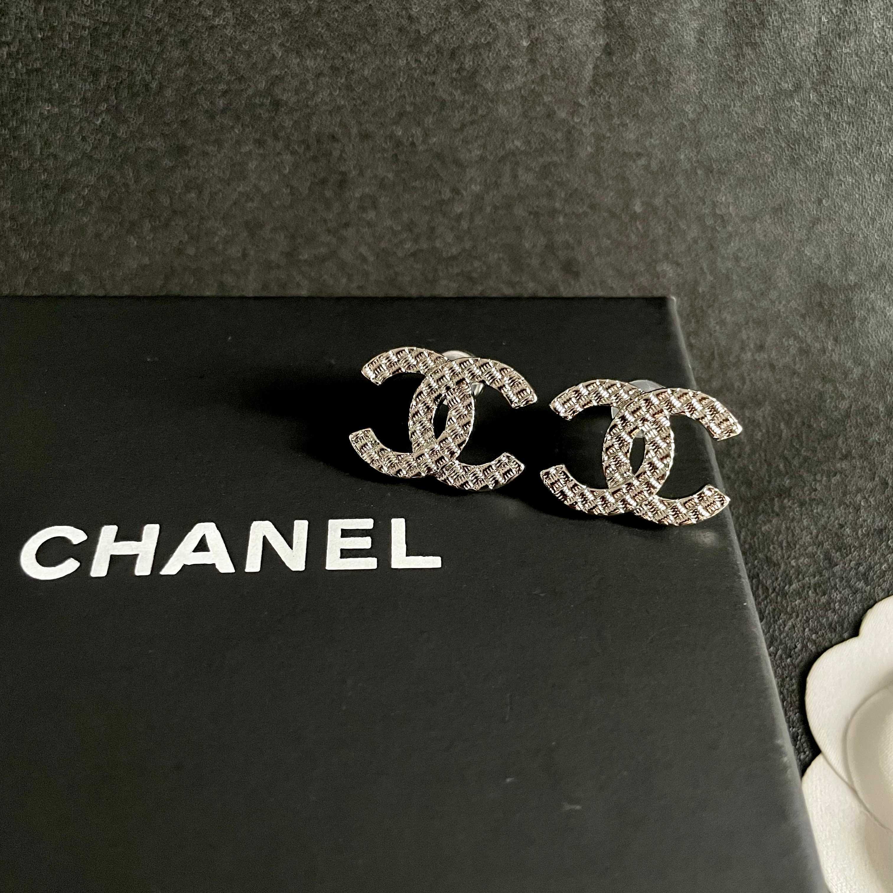 Chanel CC Quilted Stud Earrings earrings silver tone metal with textured quilted finish 1 5cm diameter