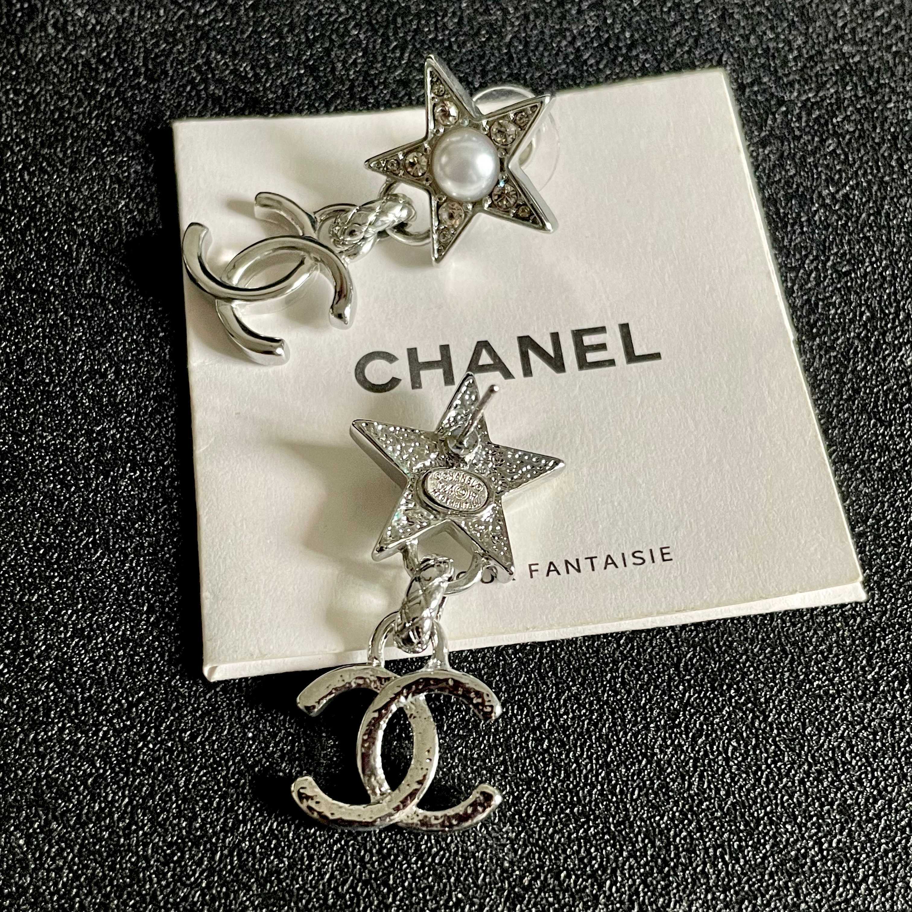 Chanel CC Star Drop Earrings earrings Silver-tone metal with clear crystals and white pearl accents One Size