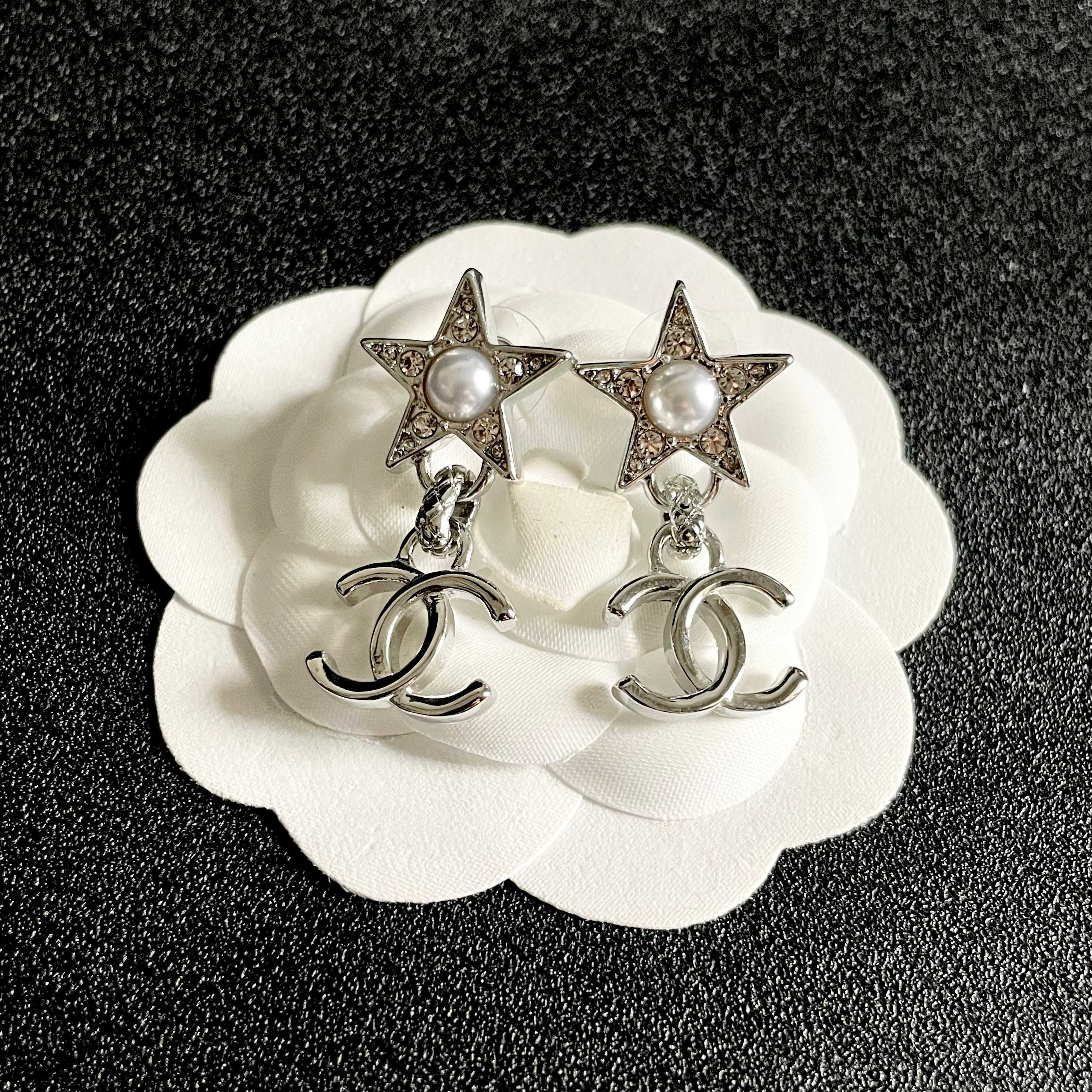 Chanel CC Star Drop Earrings earrings Silver-tone metal with clear crystals and white pearl accents One Size