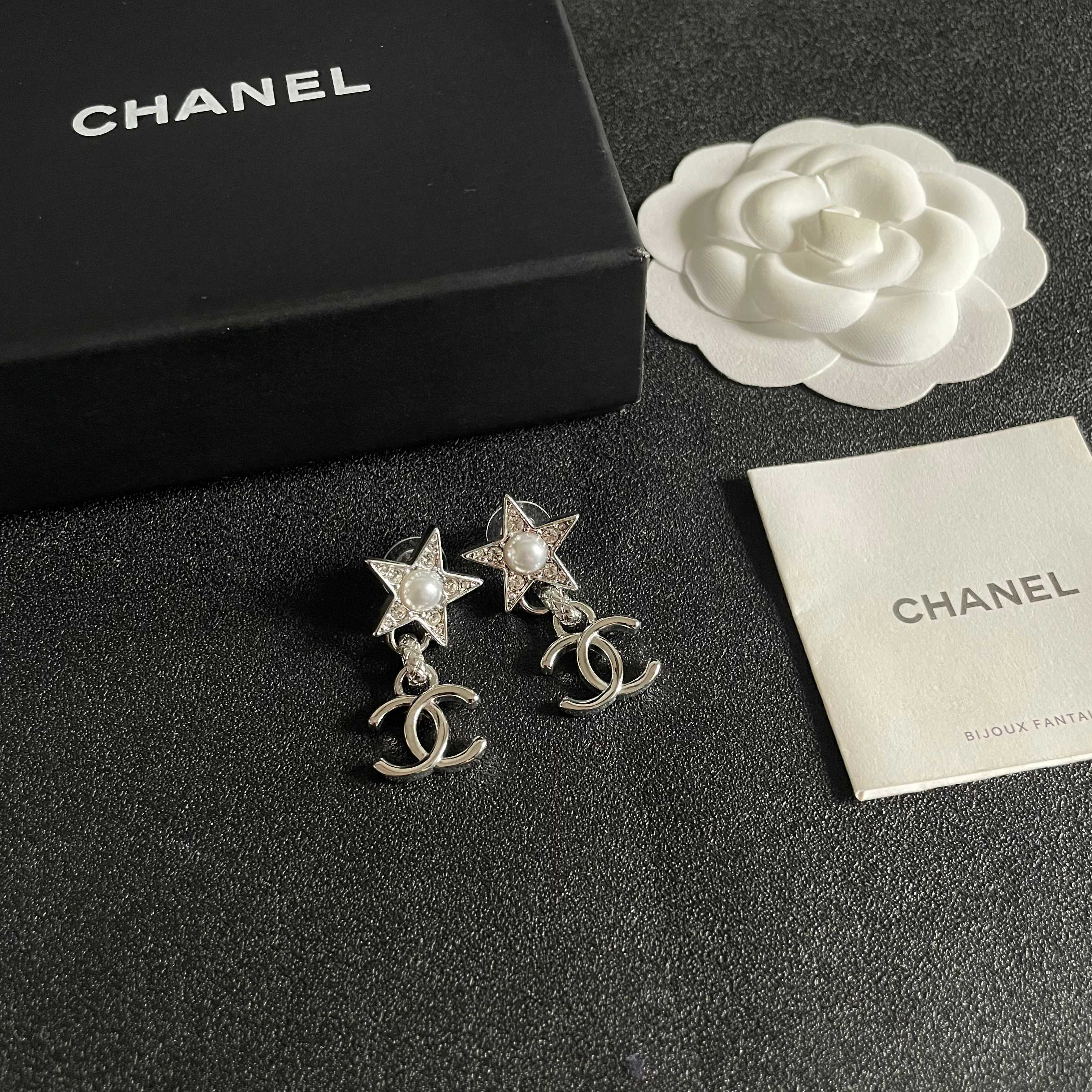 Chanel CC Star Drop Earrings earrings Silver-tone metal with clear crystals and white pearl accents One Size