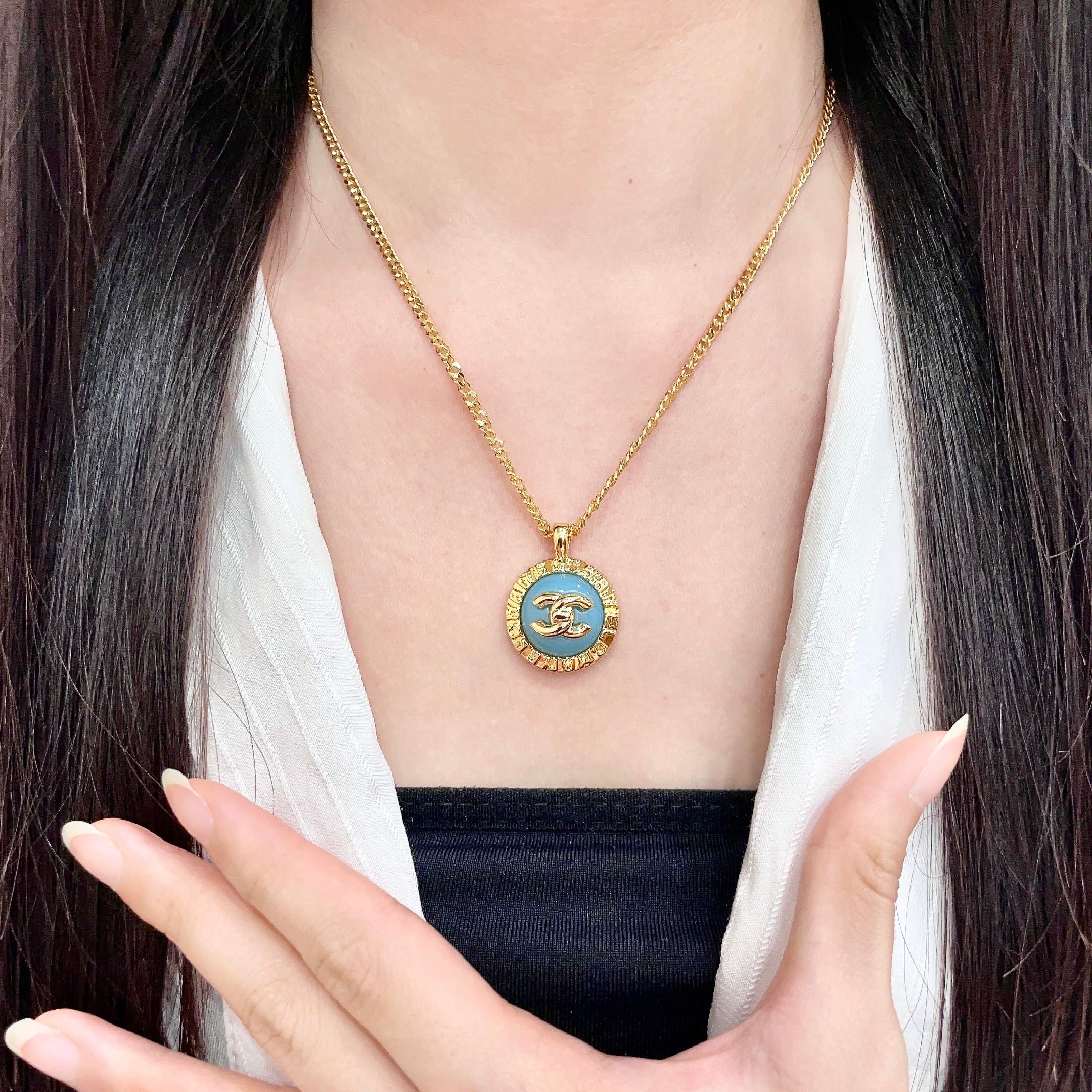 Chanel CC Logo Round Enamel Pendant necklace Gold-tone metal with light blue enamel 42cm