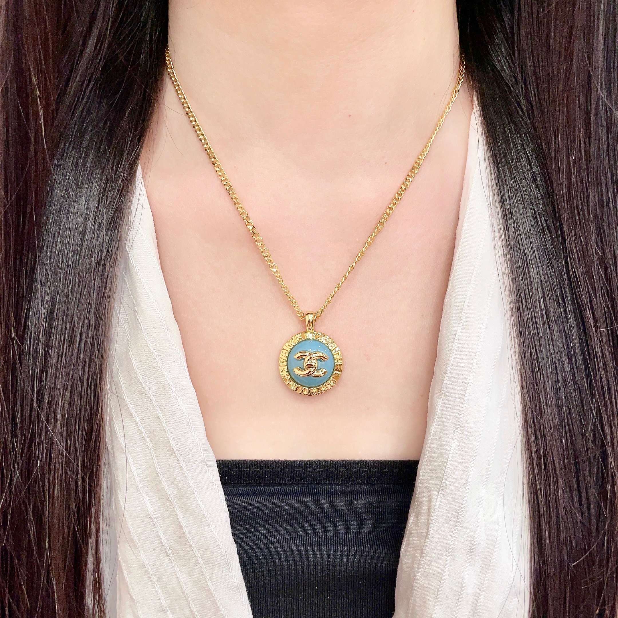 Chanel CC Logo Round Enamel Pendant necklace Gold-tone metal with light blue enamel 42cm