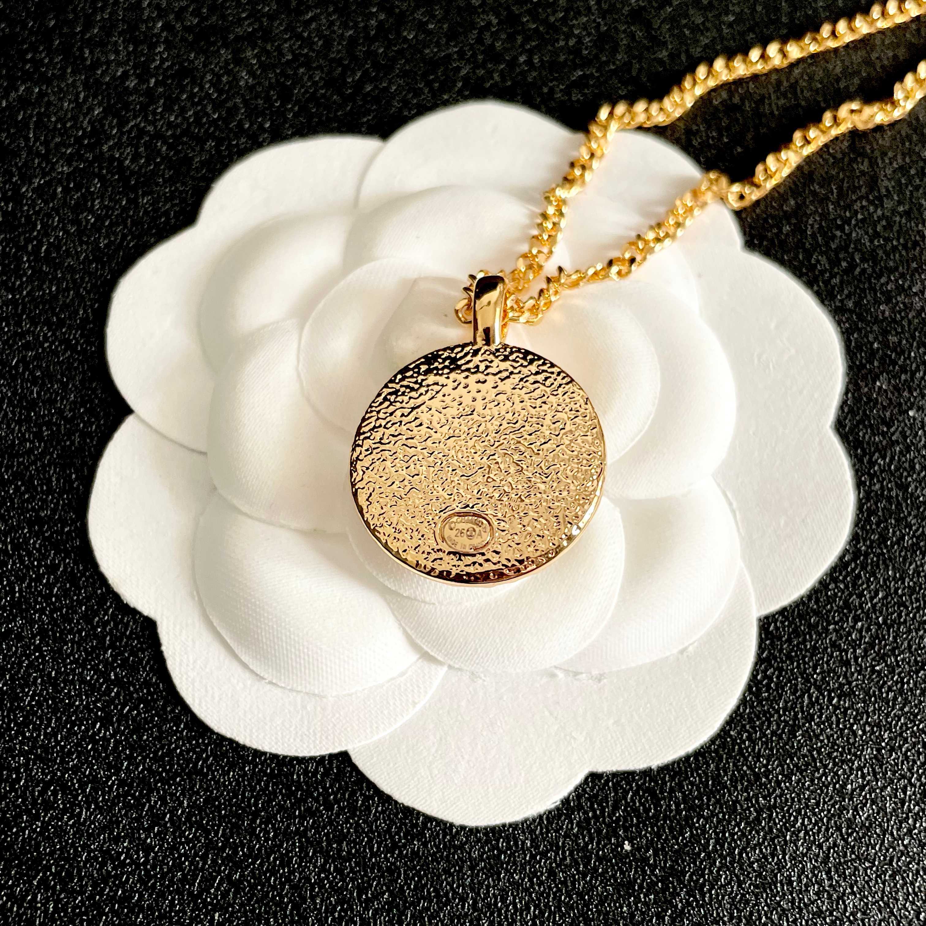 Chanel CC Logo Round Enamel Pendant necklace Gold-tone metal with light blue enamel 42cm