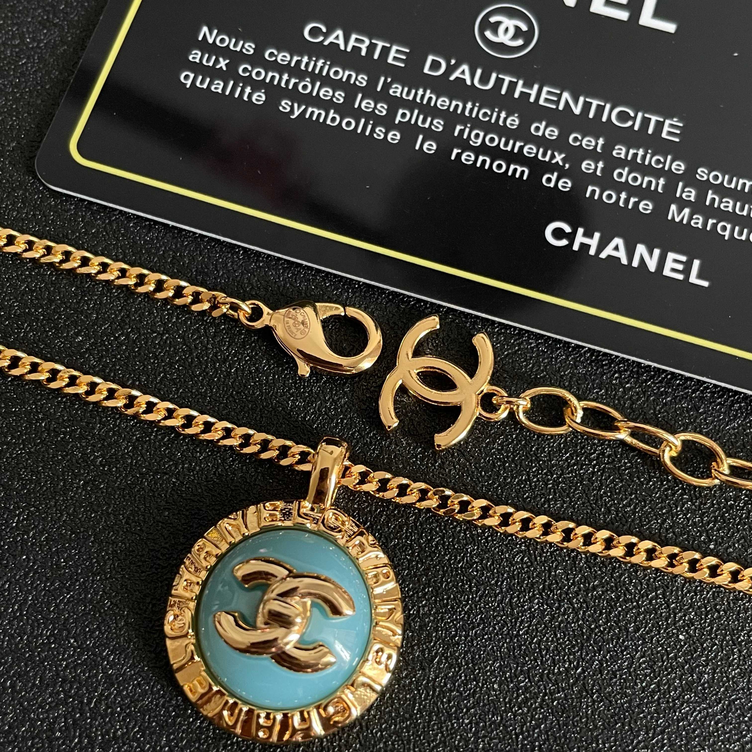 Chanel CC Logo Round Enamel Pendant necklace Gold-tone metal with light blue enamel 42cm