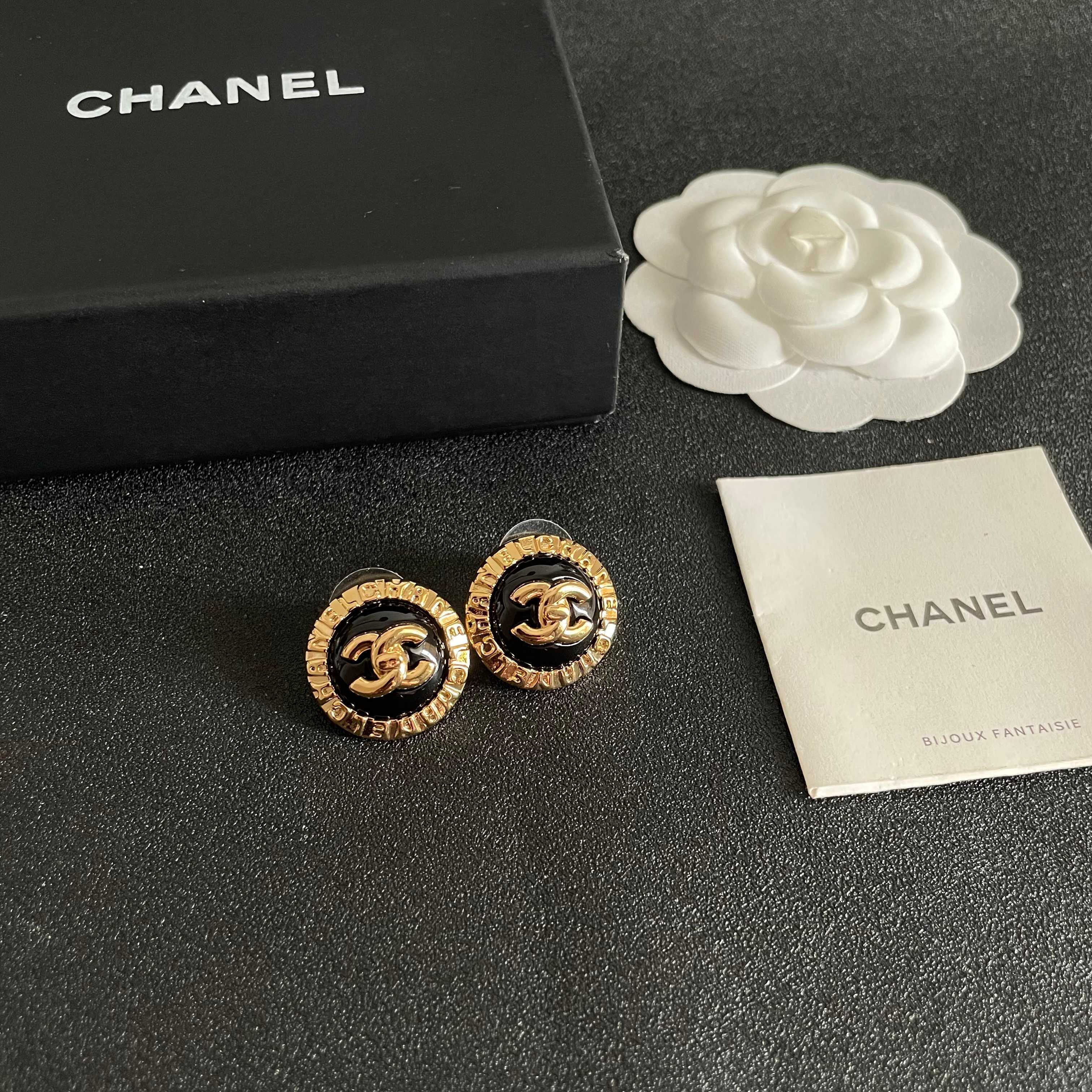 Chanel CC Logo Round Button Stud Earrings earrings gold-tone metal with black enamel center 1 5cm diameter