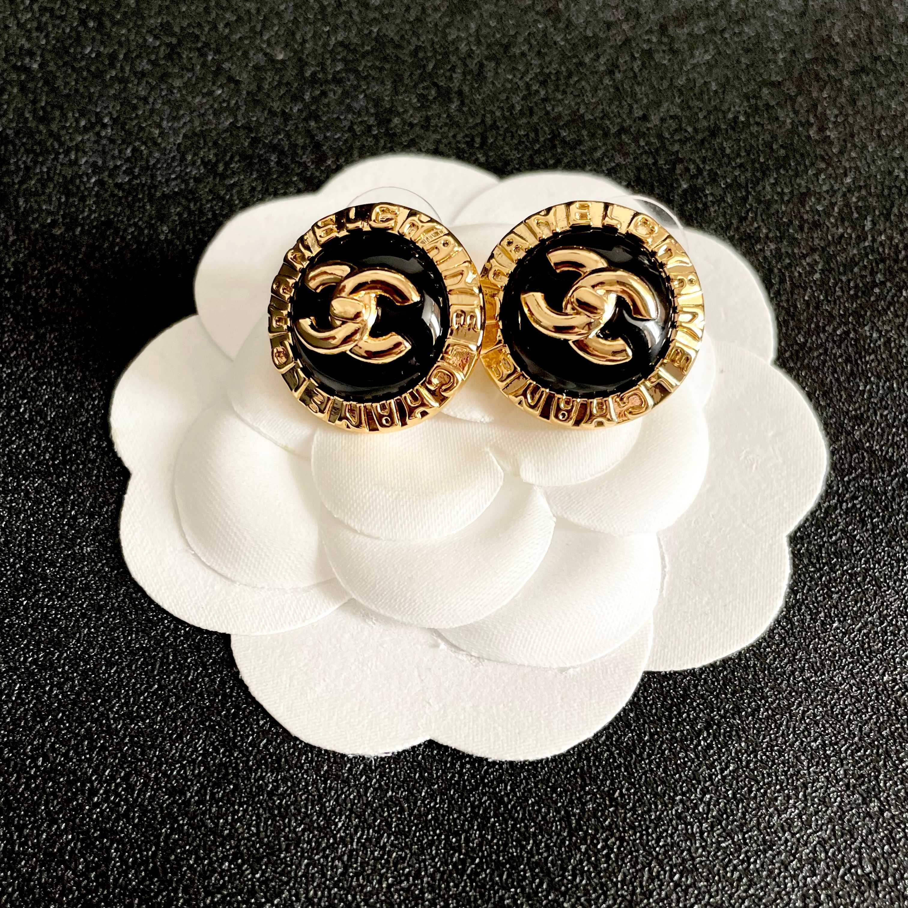 Chanel CC Logo Round Button Stud Earrings earrings gold-tone metal with black enamel center 1 5cm diameter