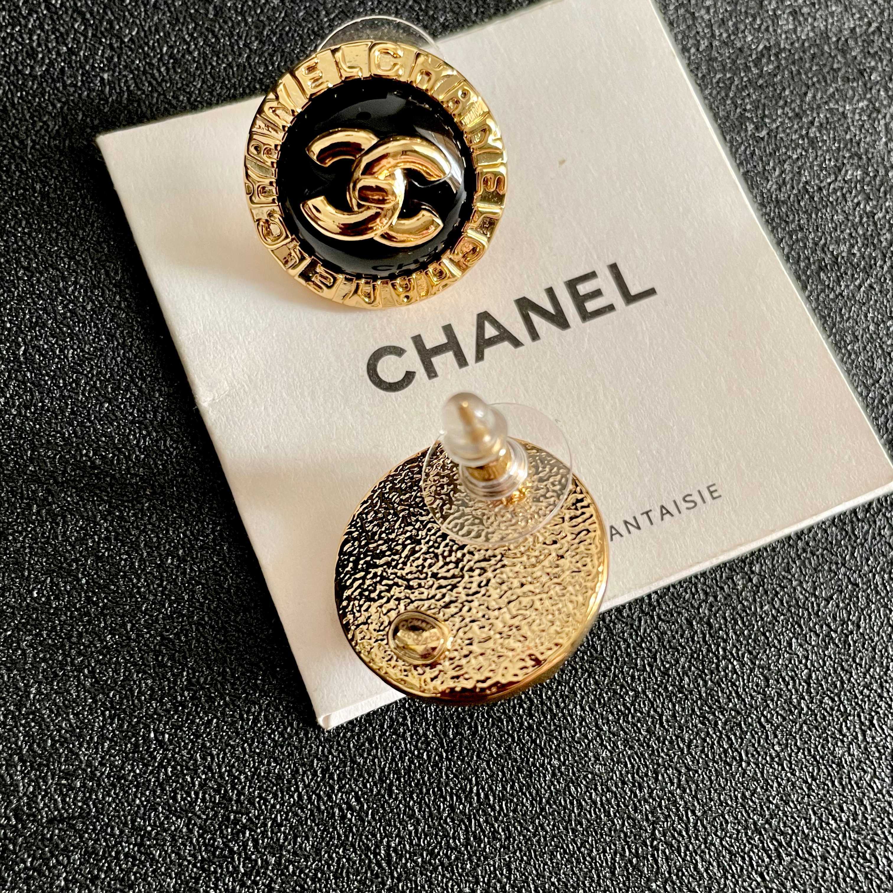 Chanel CC Logo Round Button Stud Earrings earrings gold-tone metal with black enamel center 1 5cm diameter