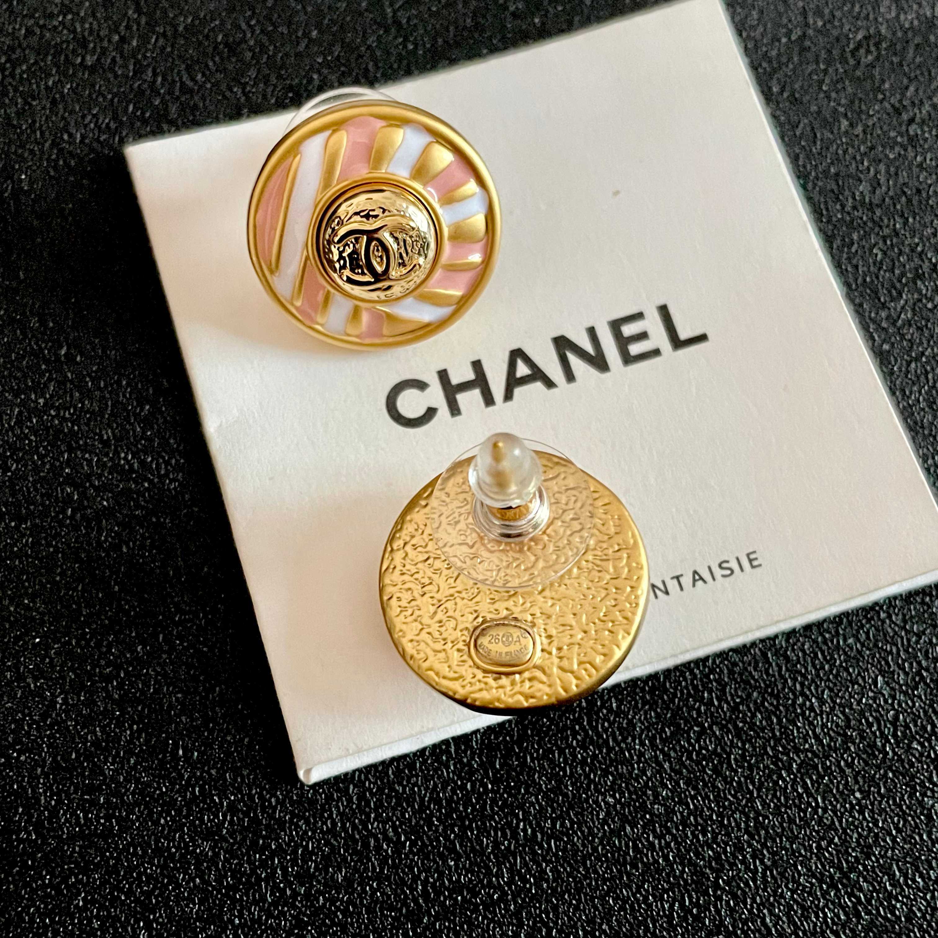 Chanel CC Logo Striped Enamel Button Earrings earrings gold tone metal with pink and white enamel 2cm diameter