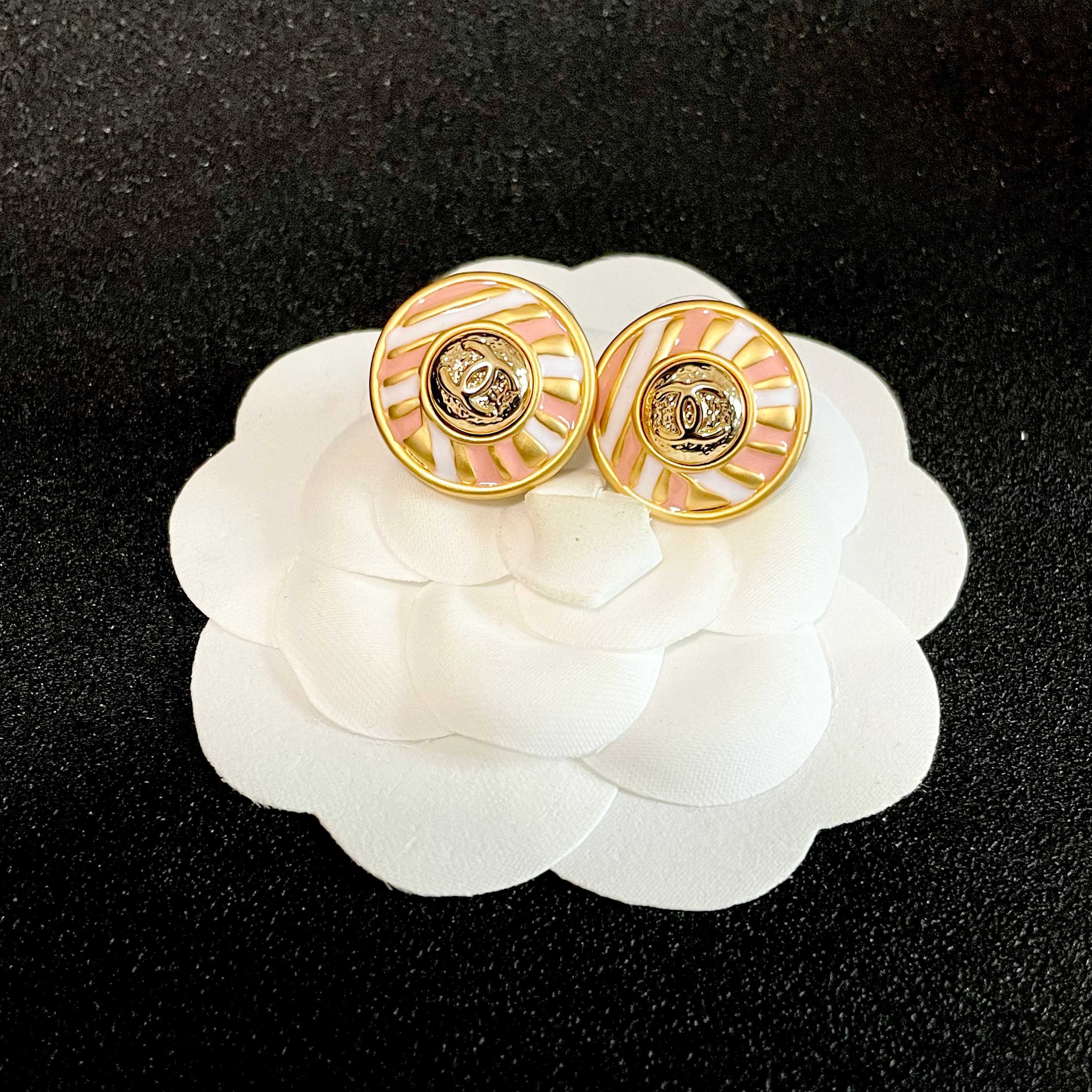 Chanel CC Logo Striped Enamel Button Earrings earrings gold tone metal with pink and white enamel 2cm diameter