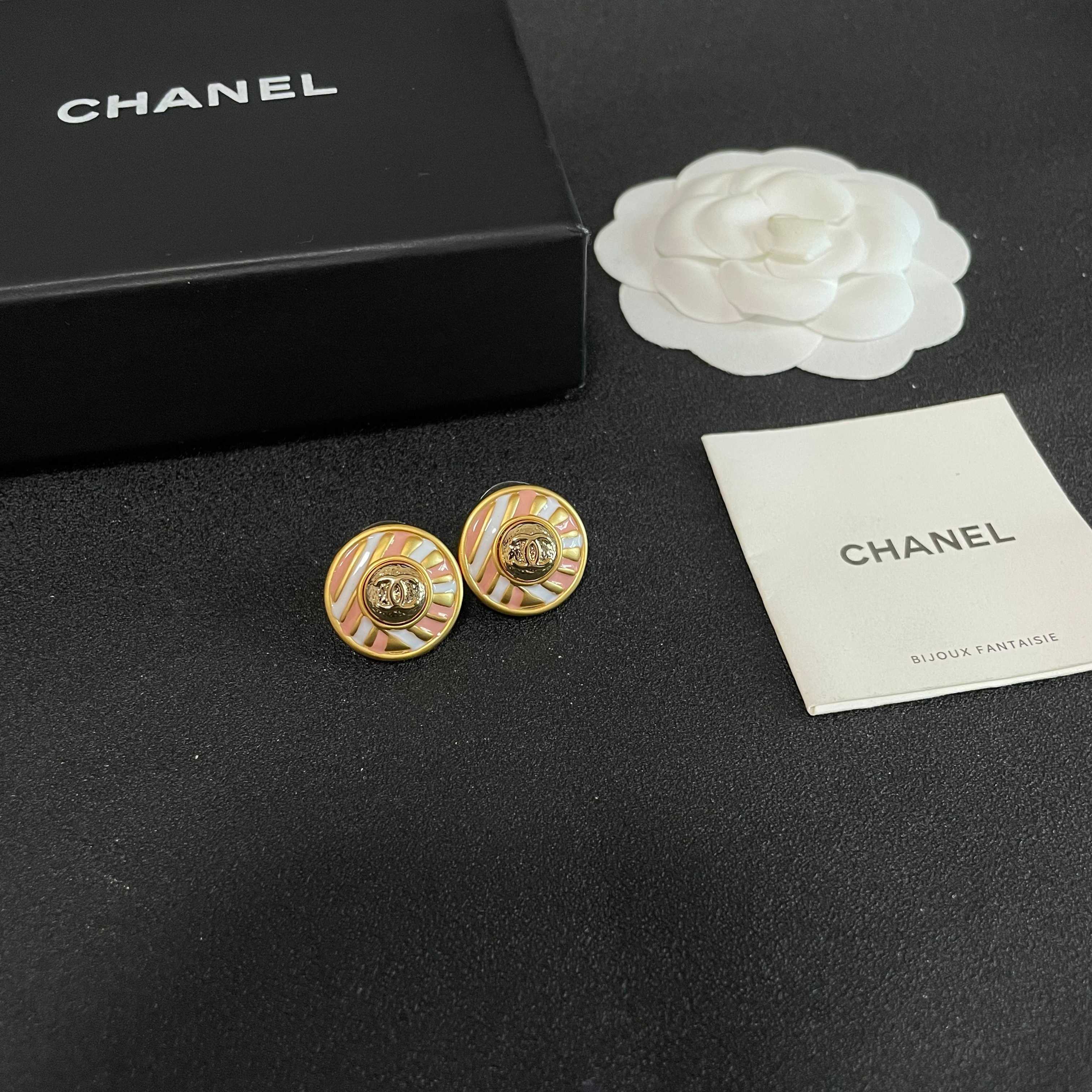 Chanel CC Logo Striped Enamel Button Earrings earrings gold tone metal with pink and white enamel 2cm diameter