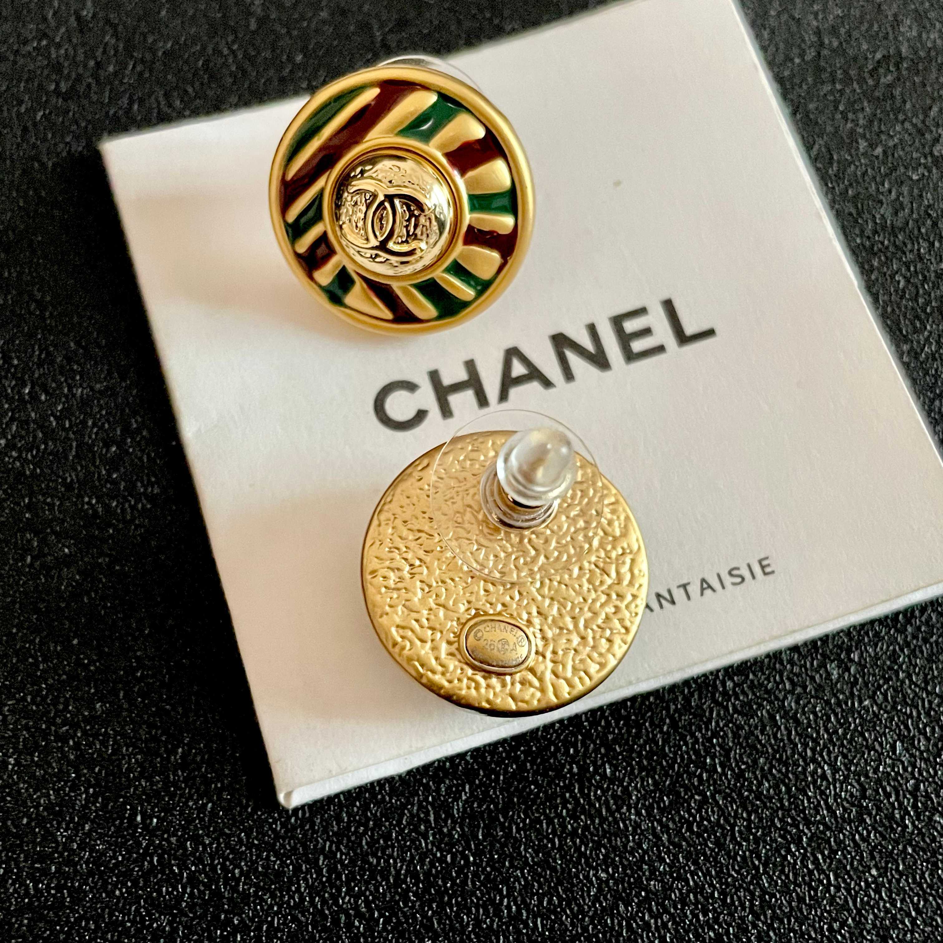 Chanel CC Logo Striped Enamel Button Earrings earrings Gold-tone metal with green burgundy and gold enamel 1 8cm diameter