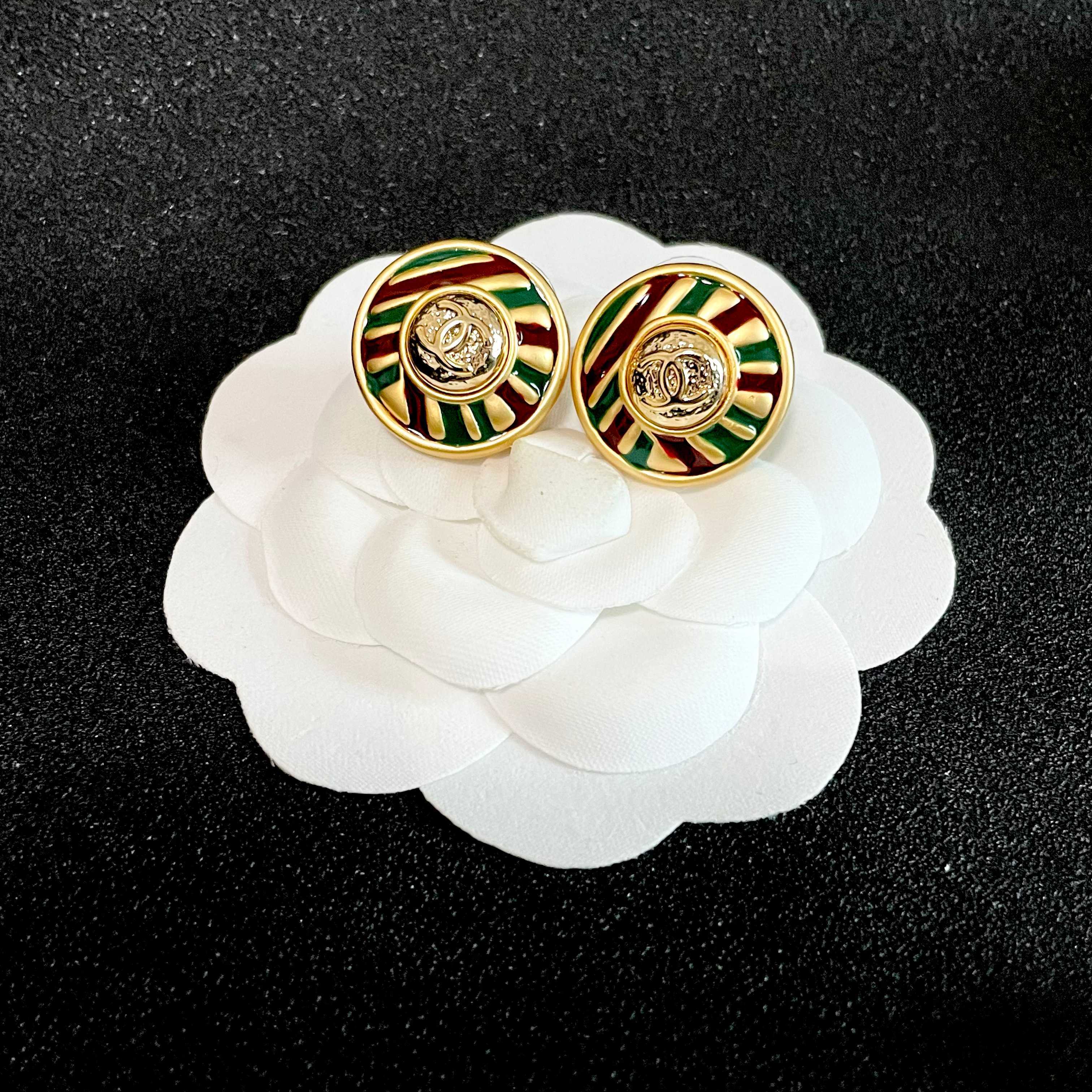 Chanel CC Logo Striped Enamel Button Earrings earrings Gold-tone metal with green burgundy and gold enamel 1 8cm diameter